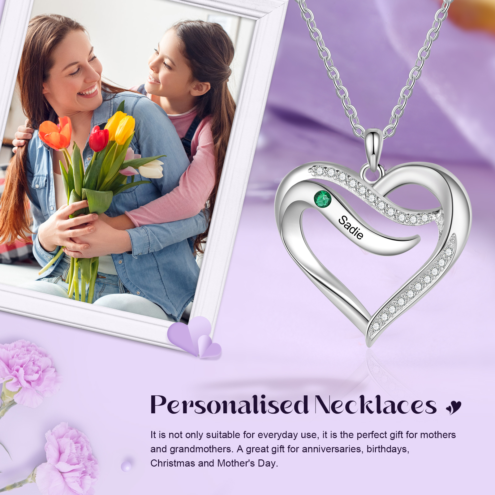 Personalised Birthstone Necklace Custom Names & Birthstones Gift for Mom Wife or Daughter 925 Silver or Cooper