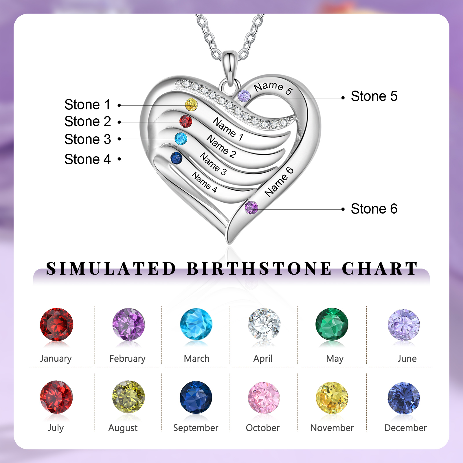 Personalised Birthstone Necklace Custom Names & Birthstones Gift for Mom Wife or Daughter 925 Silver or Cooper
