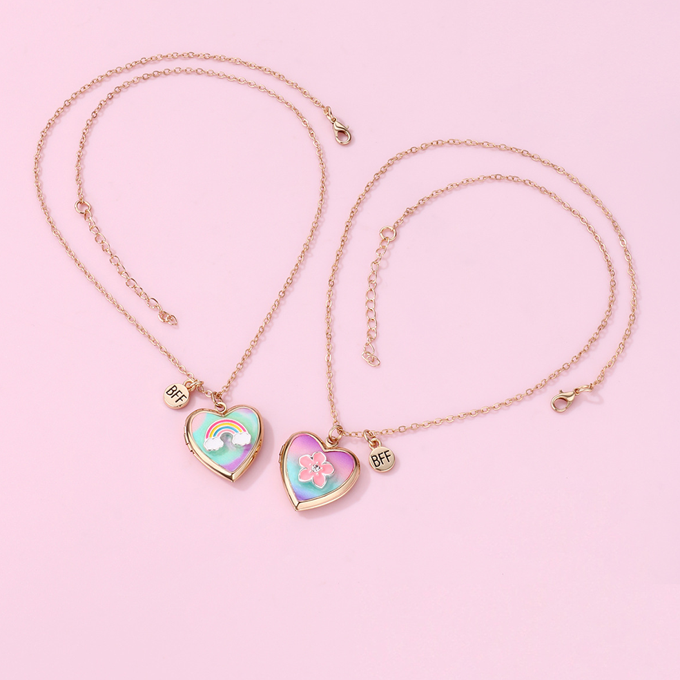 Heart Shaped BFF Locket Necklace Set with Rainbow & Pink Flower Holds 2 Photos Personalised Friendship Gift for Her