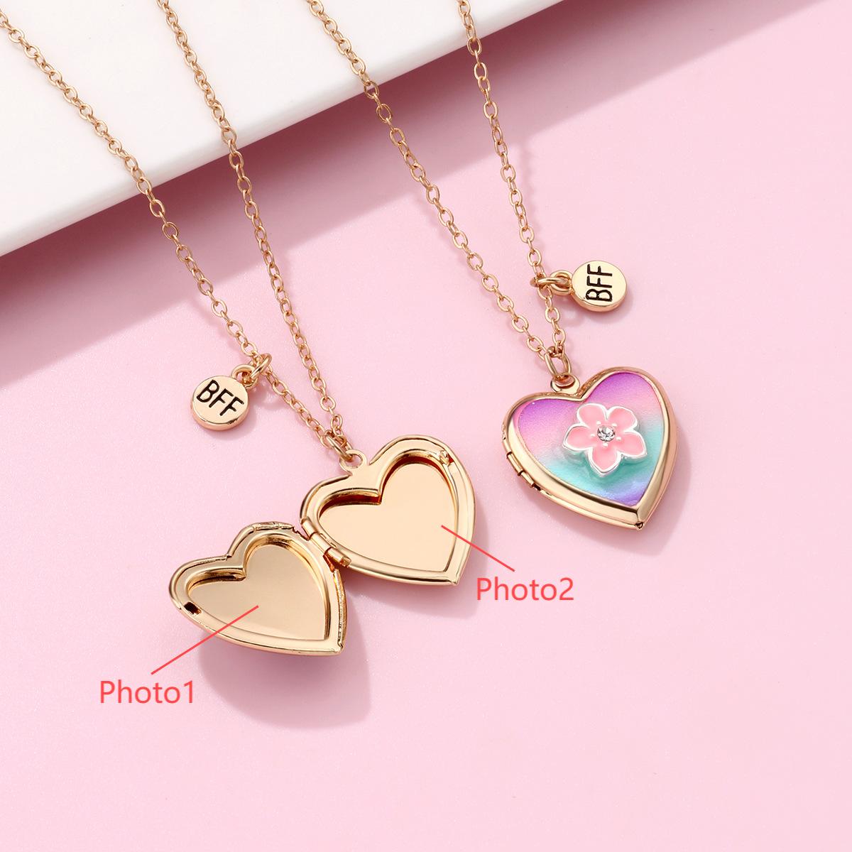Heart Shaped BFF Locket Necklace Set with Rainbow & Pink Flower Holds 2 Photos Personalised Friendship Gift for Her
