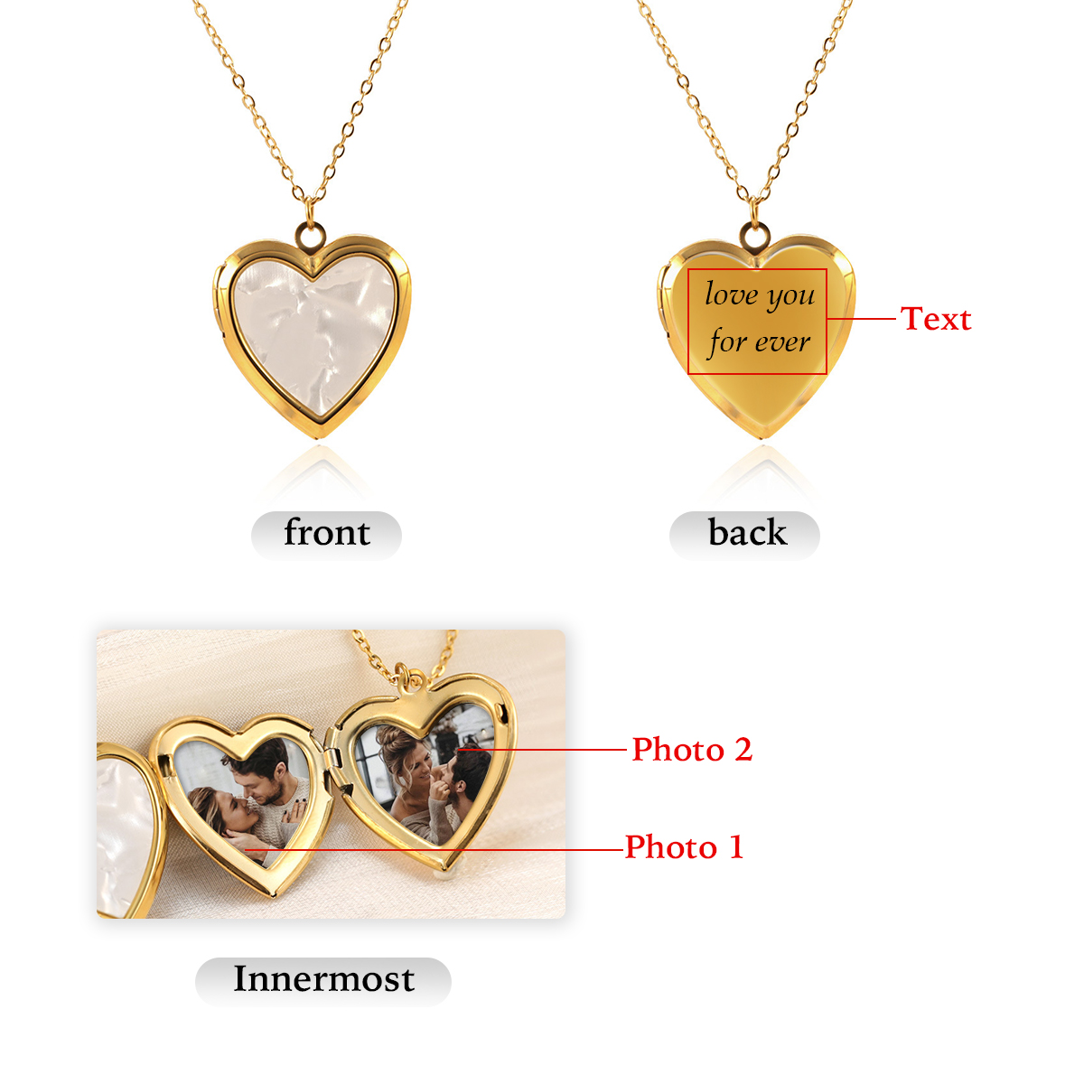 Personalised Heart Shaped Locket Necklace for Women with 2 Photos and 1 Custom Text