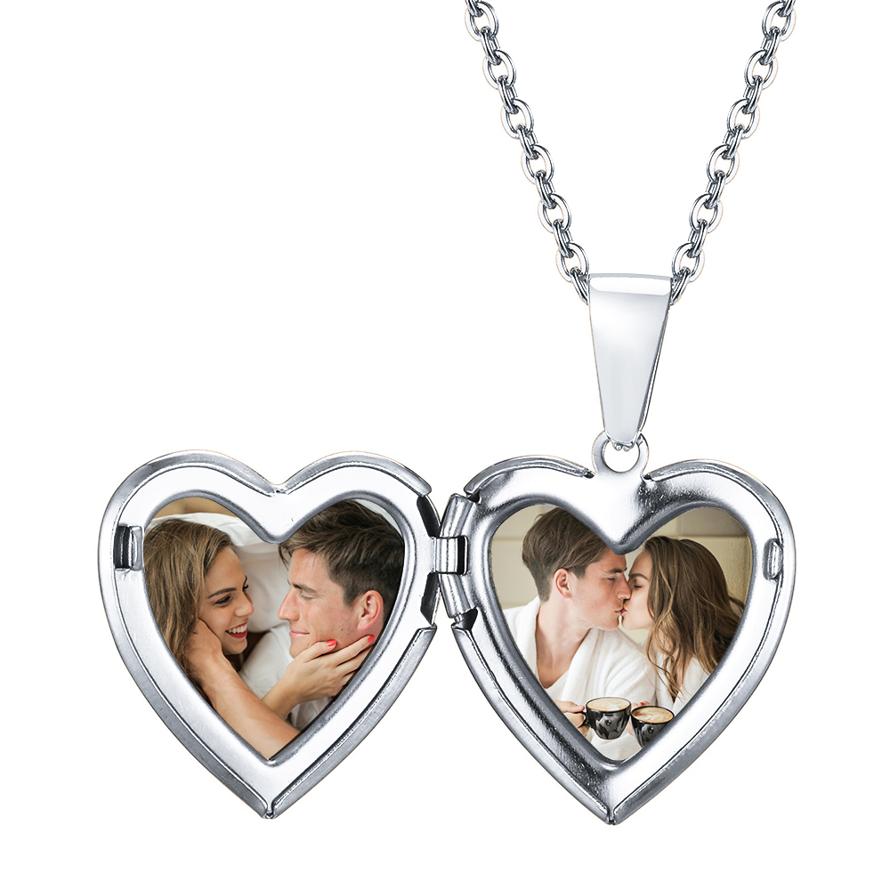 Personalised Heart Shaped Locket Necklace for Women Custom with 2 Photos and 1 Text