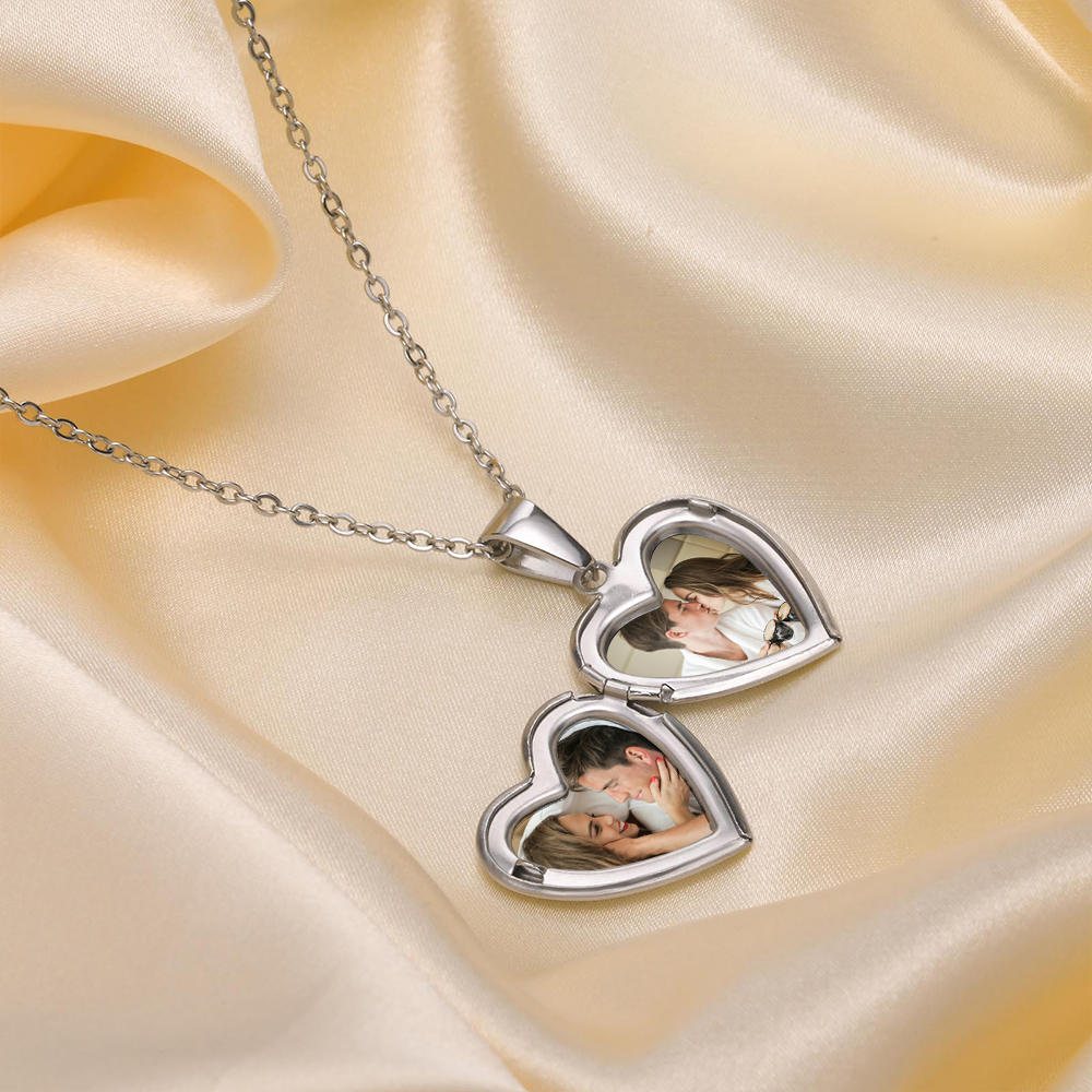 Personalised Heart Shaped Locket Necklace for Women Custom with 2 Photos and 1 Text