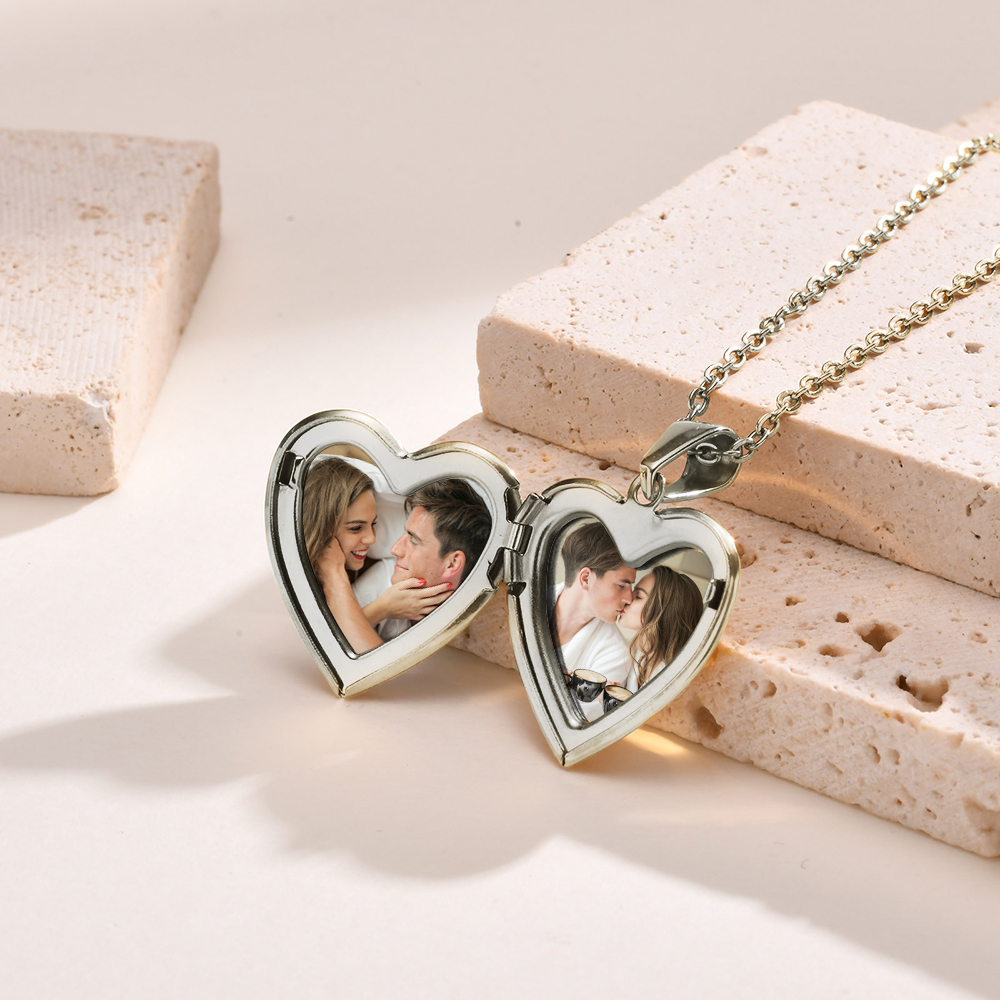 Personalised Heart Shaped Locket Necklace for Women Custom with 2 Photos and 1 Text