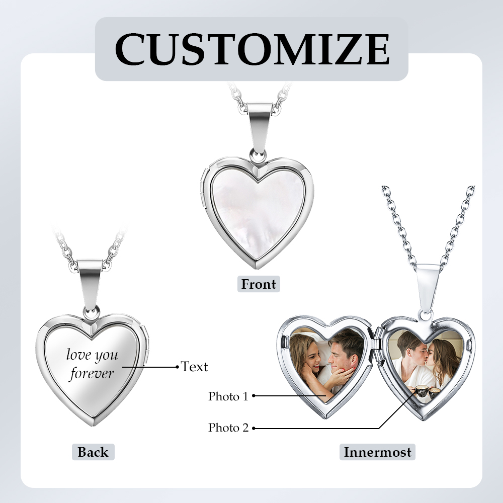 Personalised Heart Shaped Locket Necklace for Women Custom with 2 Photos and 1 Text