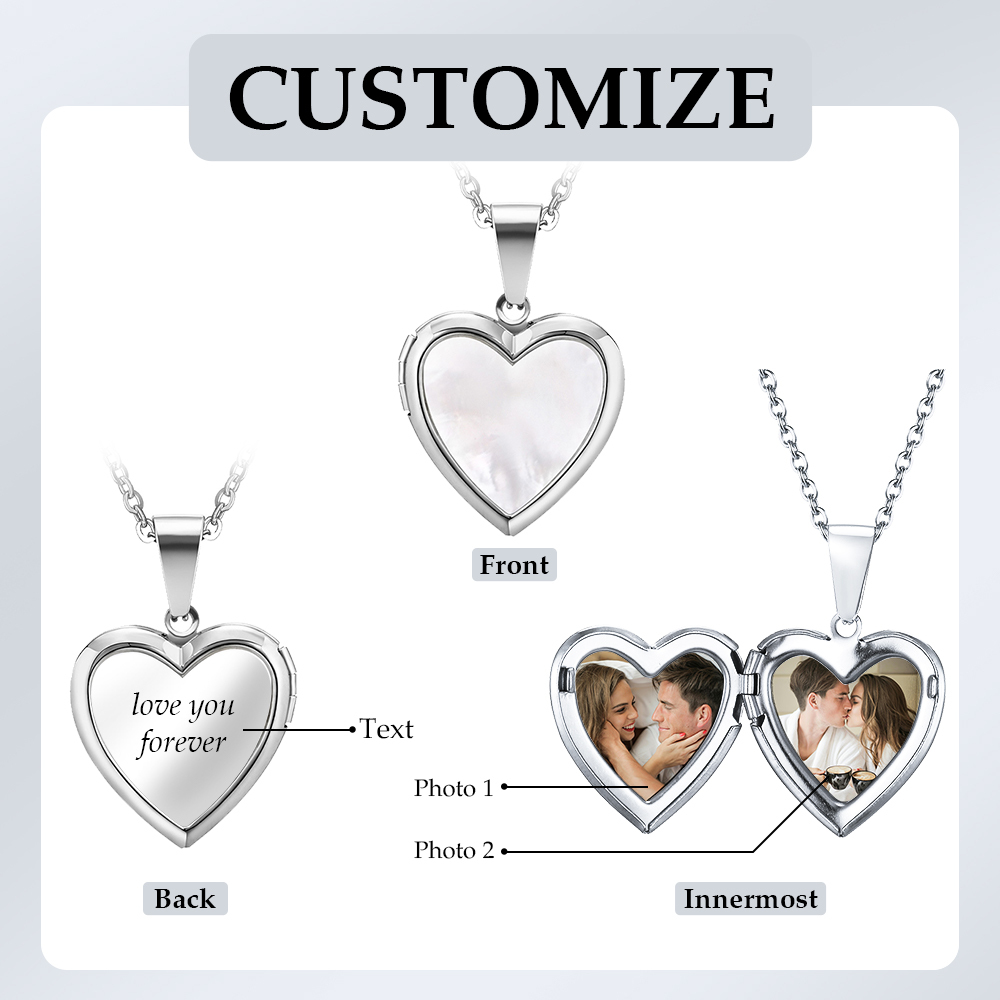 Personalised Heart Shaped Locket Necklace for Women Custom with 2 Photos and 1 Text