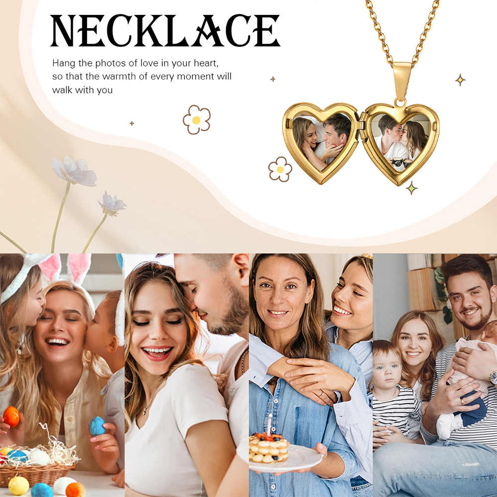 Personalised Heart Shaped Locket Necklace for Women Custom with 2 Photos and 1 Text