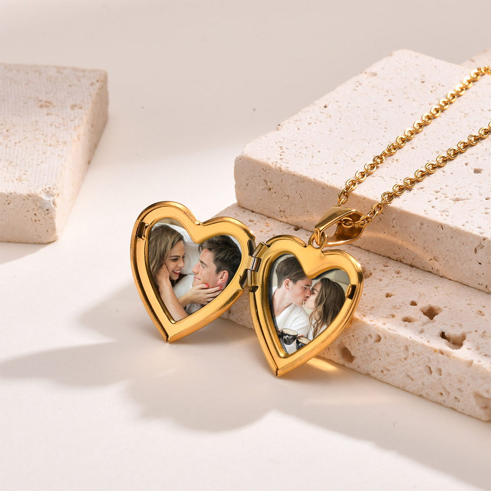 Personalised Heart Shaped Locket Necklace for Women Custom with 2 Photos and 1 Text