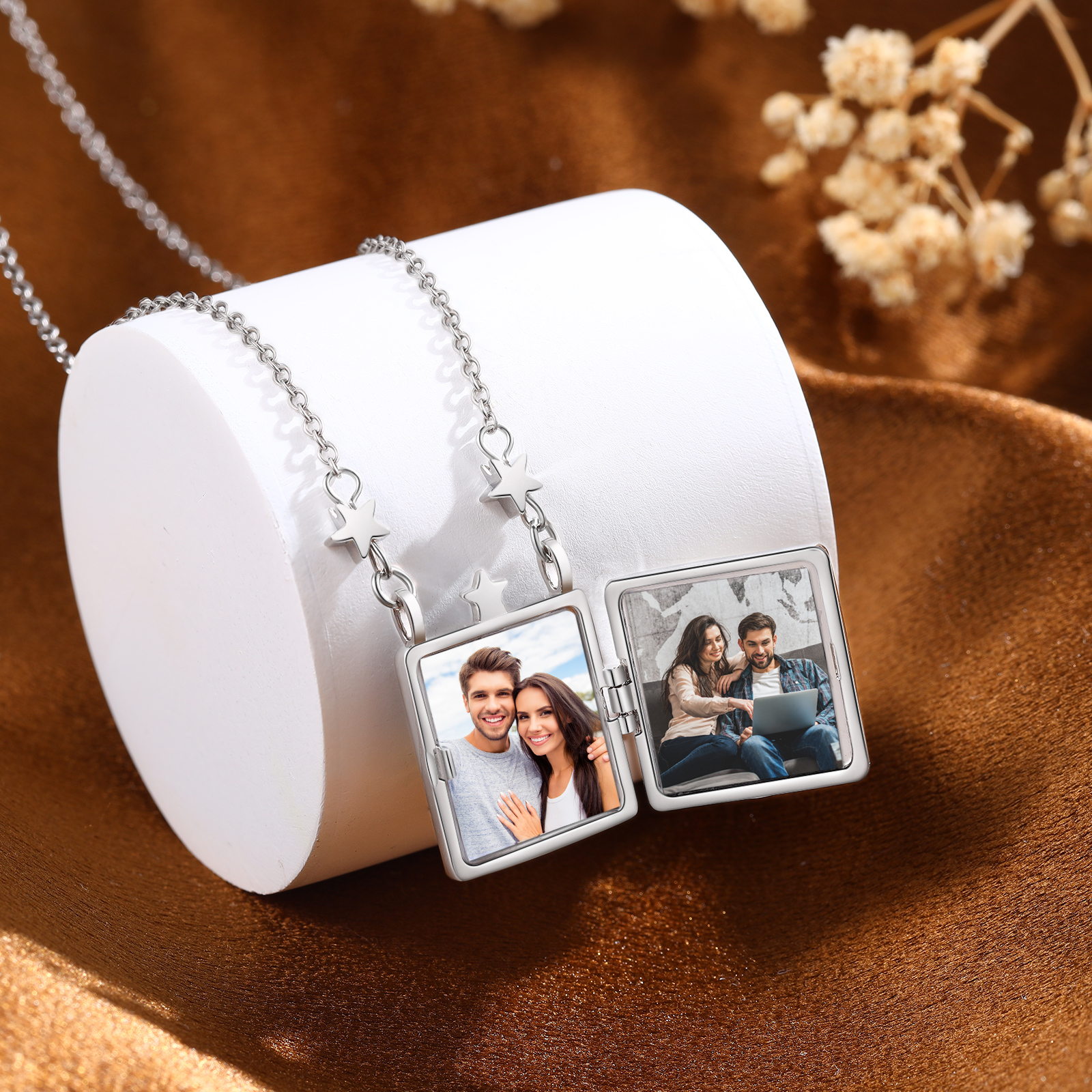 Personalised Opal Galaxy Star Moon Photo Locket Necklace for Women 2 Photo Custom Pendant Gift