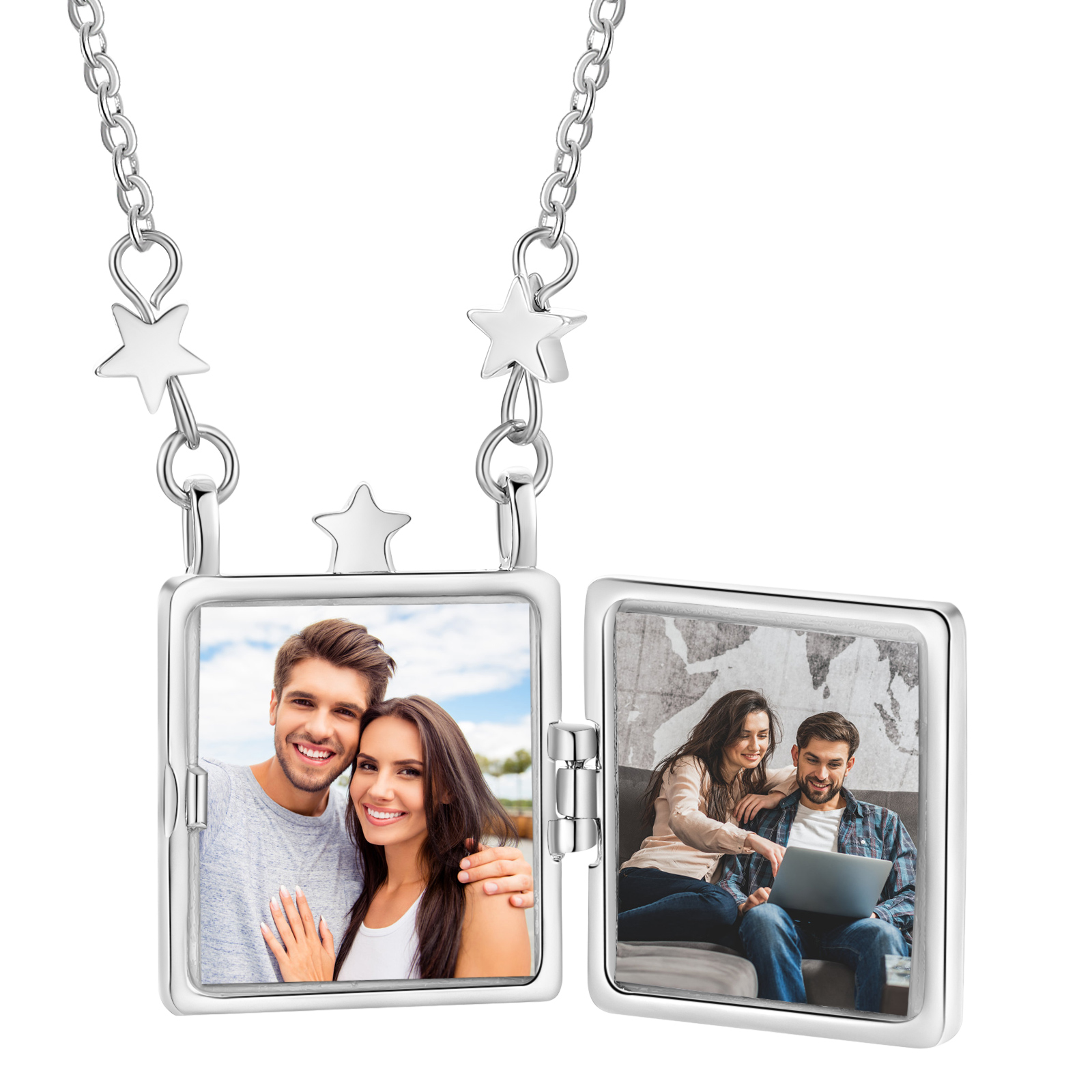 Personalised Opal Galaxy Star Moon Photo Locket Necklace for Women 2 Photo Custom Pendant Gift