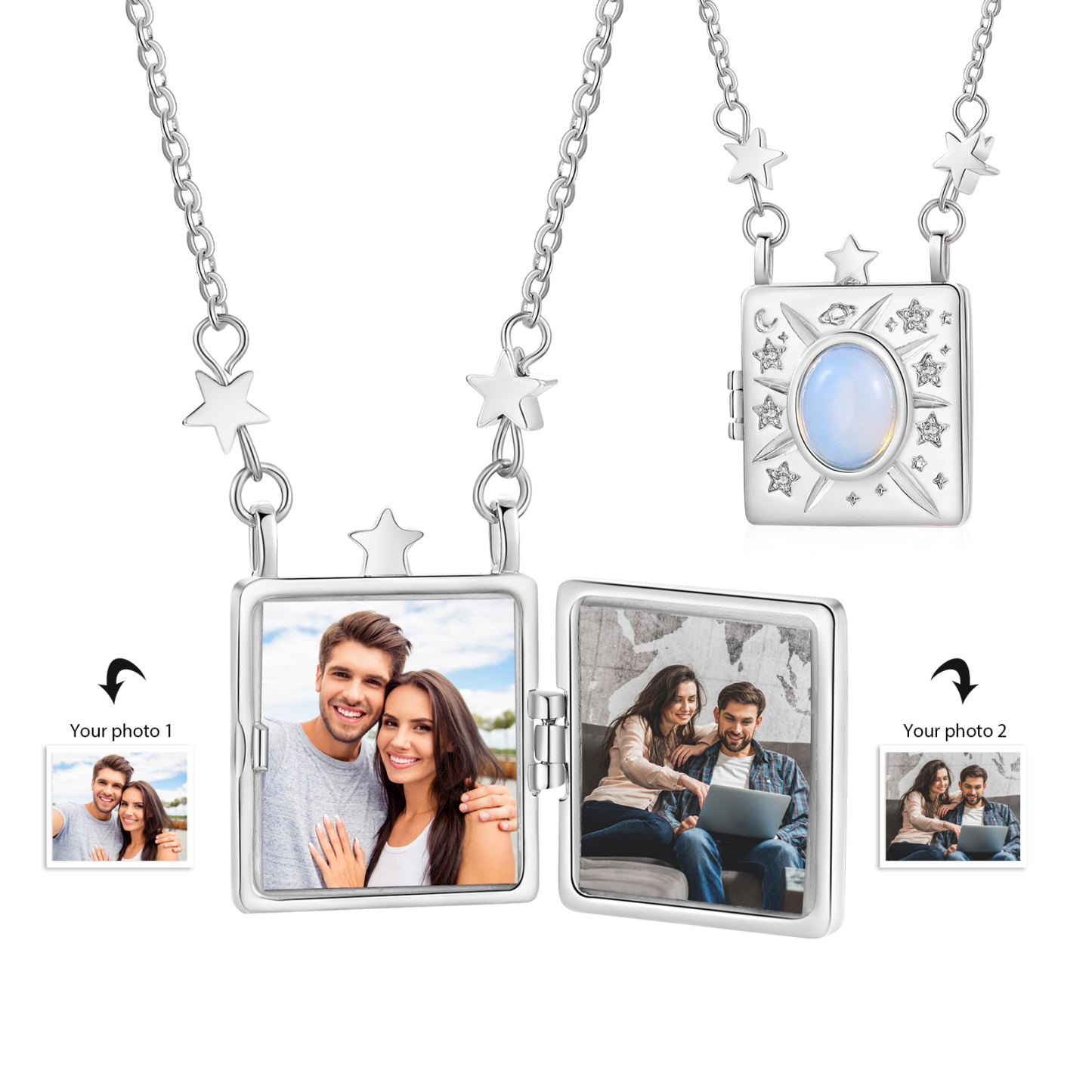 Personalised Opal Galaxy Star Moon Photo Locket Necklace for Women 2 Photo Custom Pendant Gift