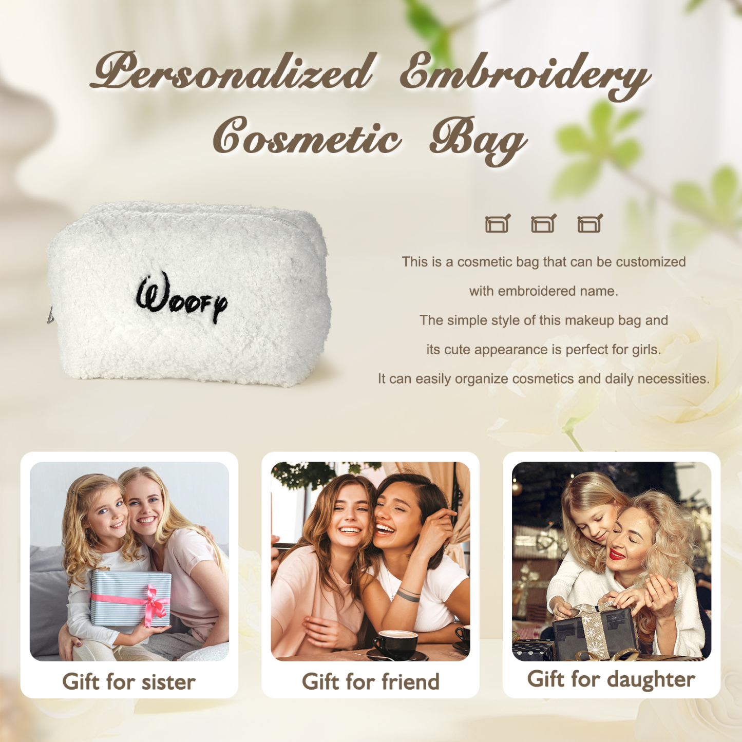 Personalised Embroidered Makeup Bag Bridesmaid Cosmetic Bag Leather Toiletry Bag Christmas Gift Bridesmaid Gift Bridal Shower Gift