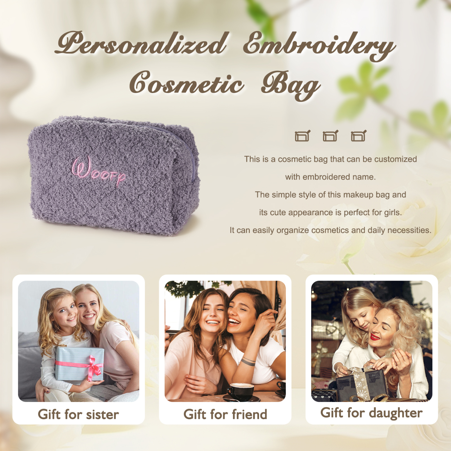 Personalised Embroidered Makeup Bag Bridesmaid Cosmetic Bag Leather Toiletry Bag Christmas Gift Bridesmaid Gift Bridal Shower Gift