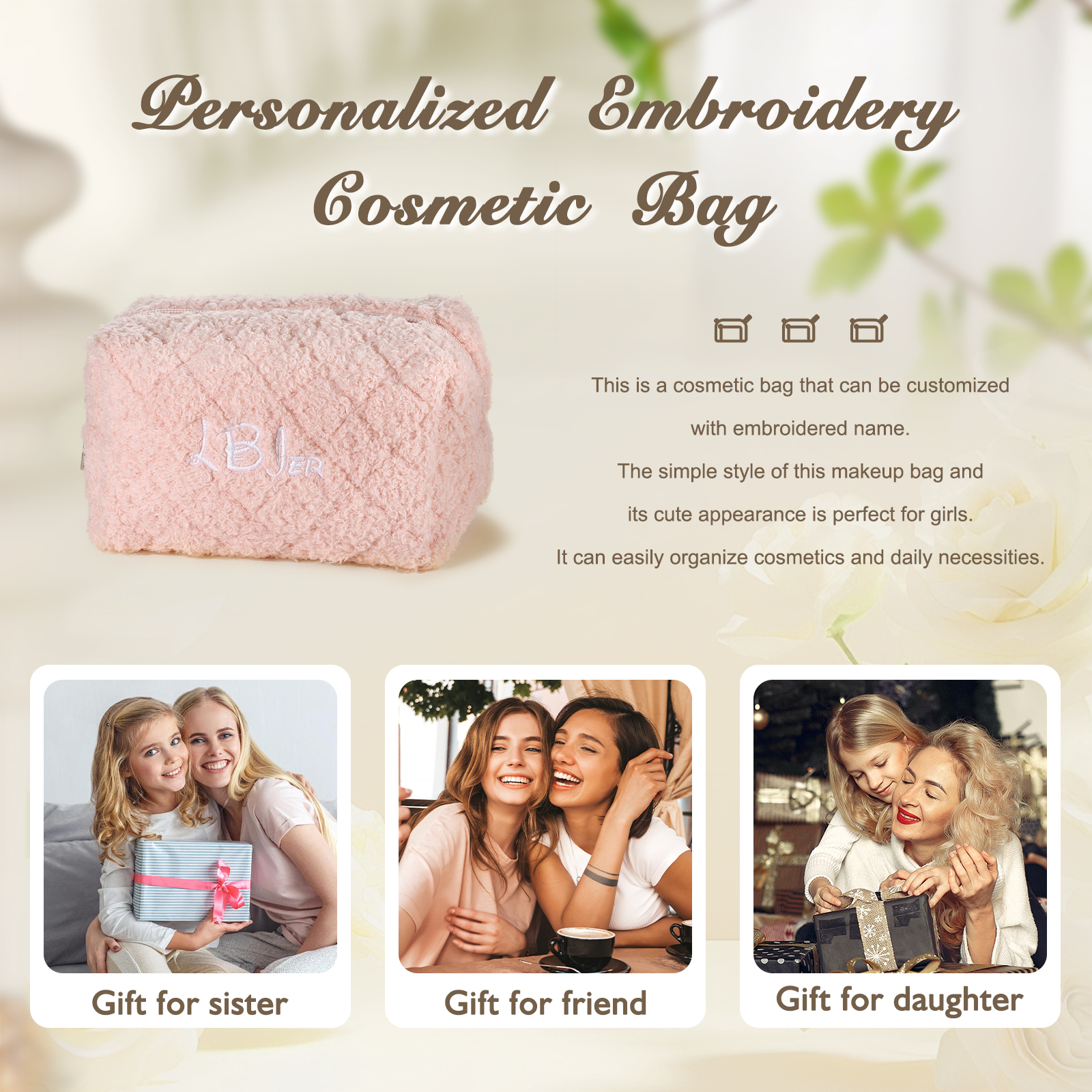 Personalised Embroidered Makeup Bag Bridesmaid Cosmetic Bag Leather Toiletry Bag Christmas Gift Bridesmaid Gift Bridal Shower Gift