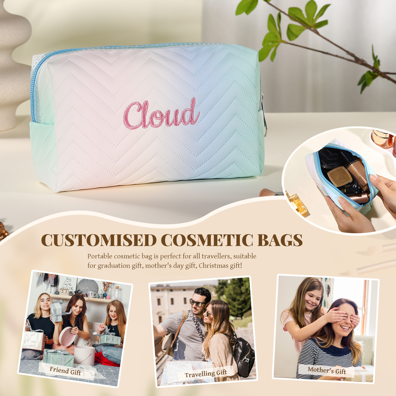 Personalised Embroidered Makeup Bag Teen Girls Small Travel Makeup Bag Zipper Bag Cosmetic Bag Waterproof Cute Rainbow Pink Gradient Makeup Bag