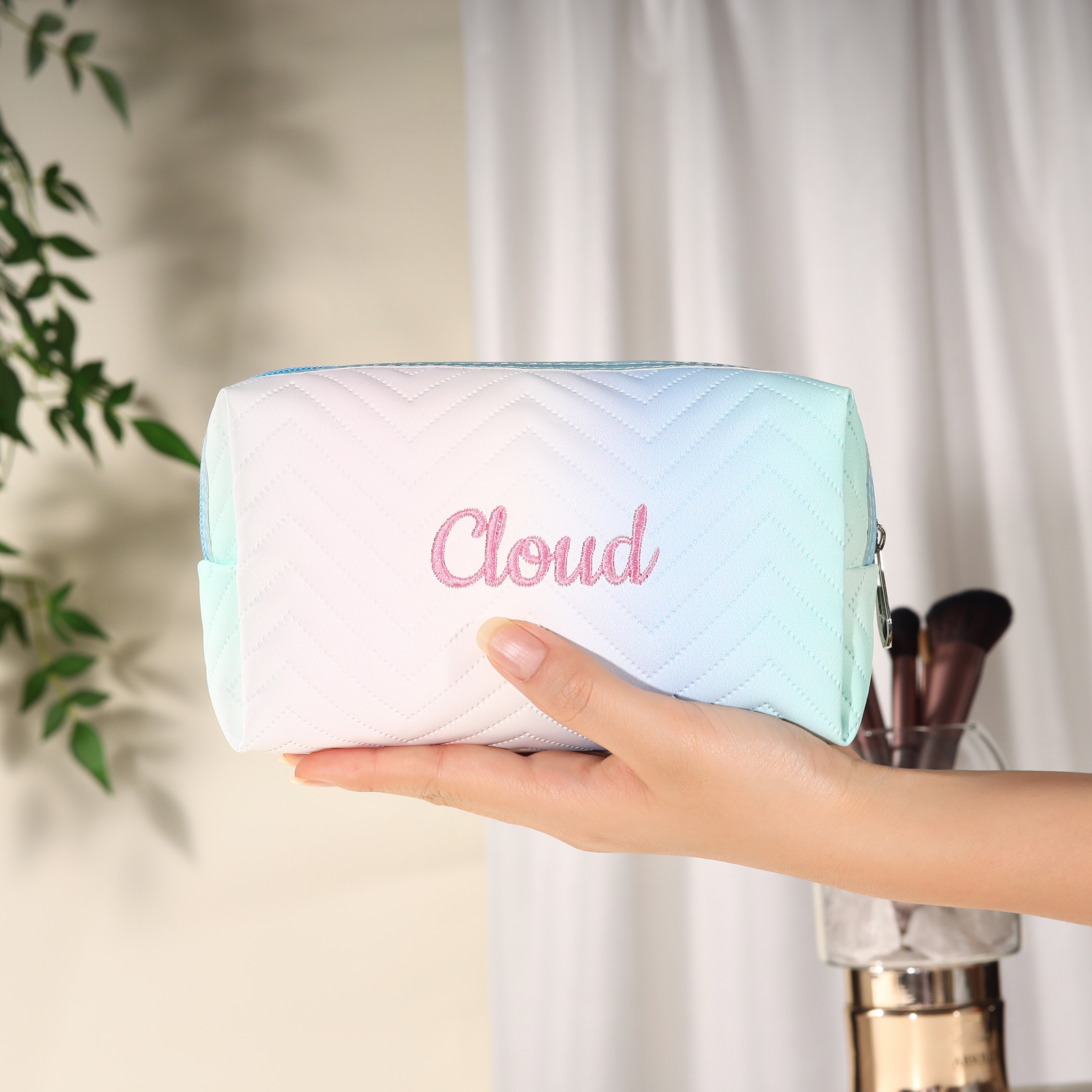 Personalised Embroidered Makeup Bag Teen Girls Small Travel Makeup Bag Zipper Bag Cosmetic Bag Waterproof Cute Rainbow Pink Gradient Makeup Bag