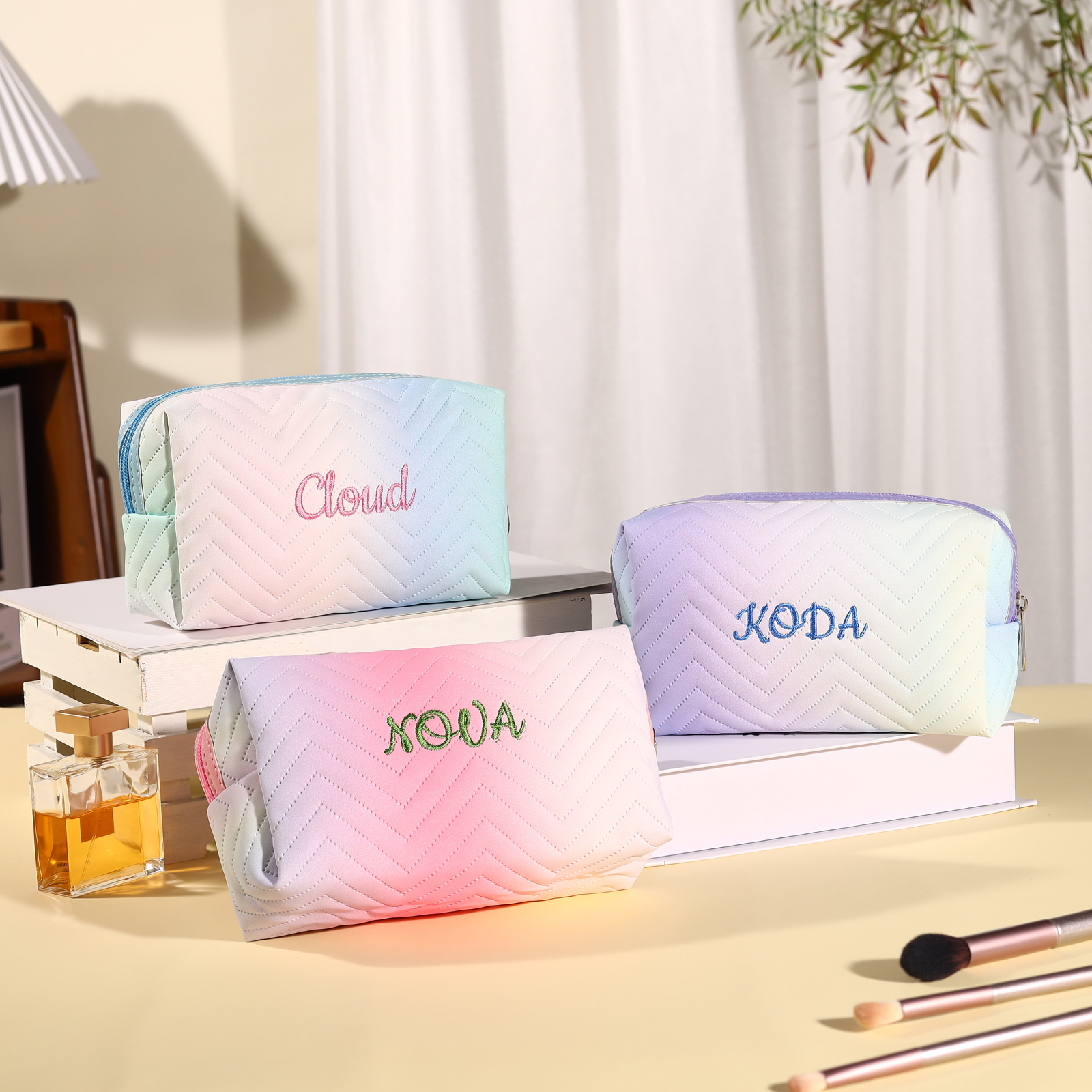 Personalised Embroidered Makeup Bag Teen Girls Small Travel Makeup Bag Zipper Bag Cosmetic Bag Waterproof Cute Rainbow Pink Gradient Makeup Bag