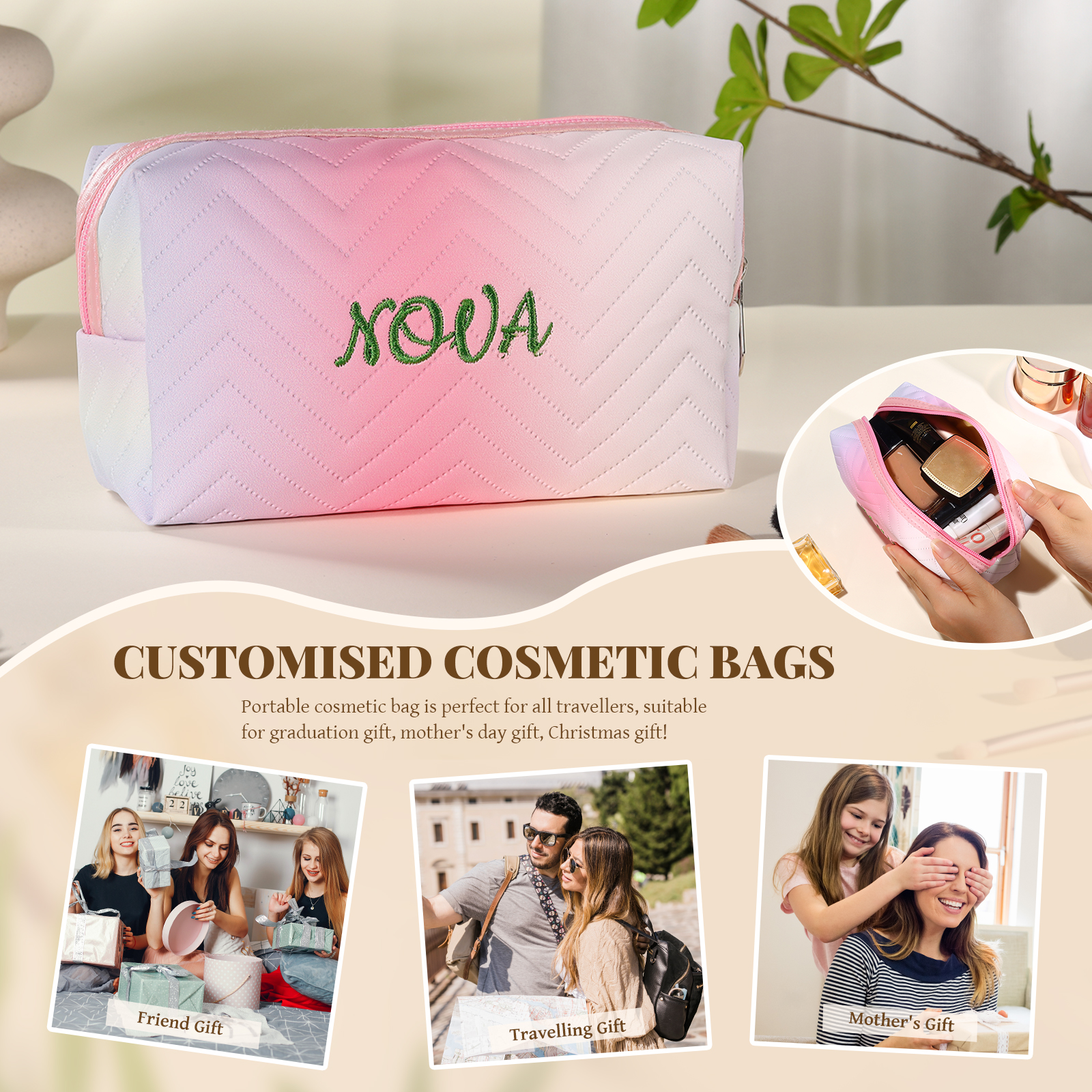 Personalised Embroidered Makeup Bag Teen Girls Small Travel Makeup Bag Zipper Bag Cosmetic Bag Waterproof Cute Rainbow Pink Gradient Makeup Bag