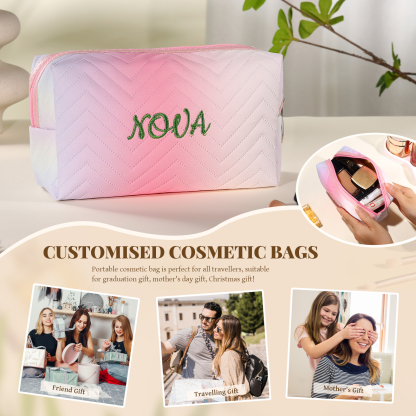 Personalised Embroidered Makeup Bag Teen Girls Small Travel Makeup Bag Zipper Bag Cosmetic Bag Waterproof Cute Rainbow Pink Gradient Makeup Bag