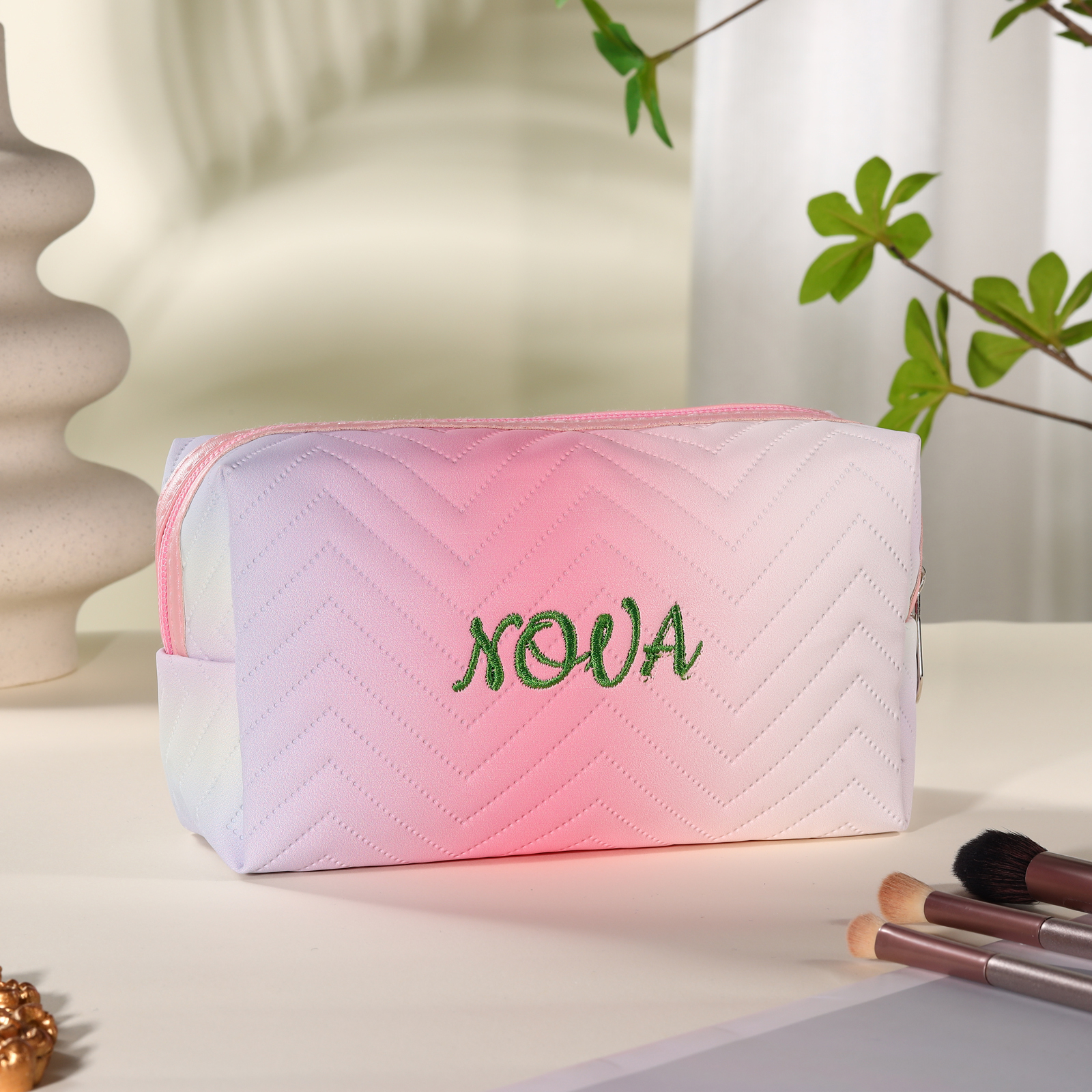 Personalised Embroidered Makeup Bag Teen Girls Small Travel Makeup Bag Zipper Bag Cosmetic Bag Waterproof Cute Rainbow Pink Gradient Makeup Bag