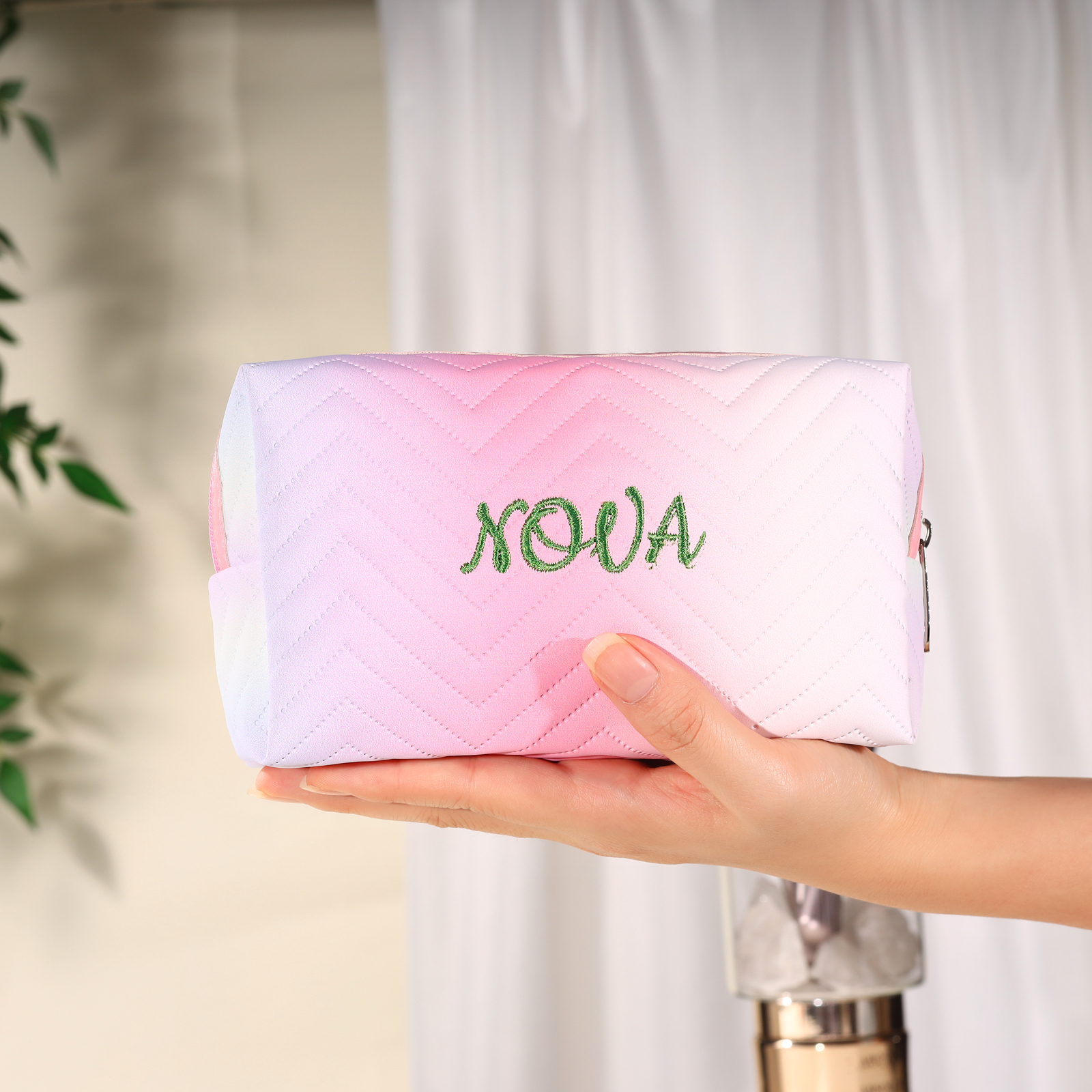 Personalised Embroidered Makeup Bag Teen Girls Small Travel Makeup Bag Zipper Bag Cosmetic Bag Waterproof Cute Rainbow Pink Gradient Makeup Bag