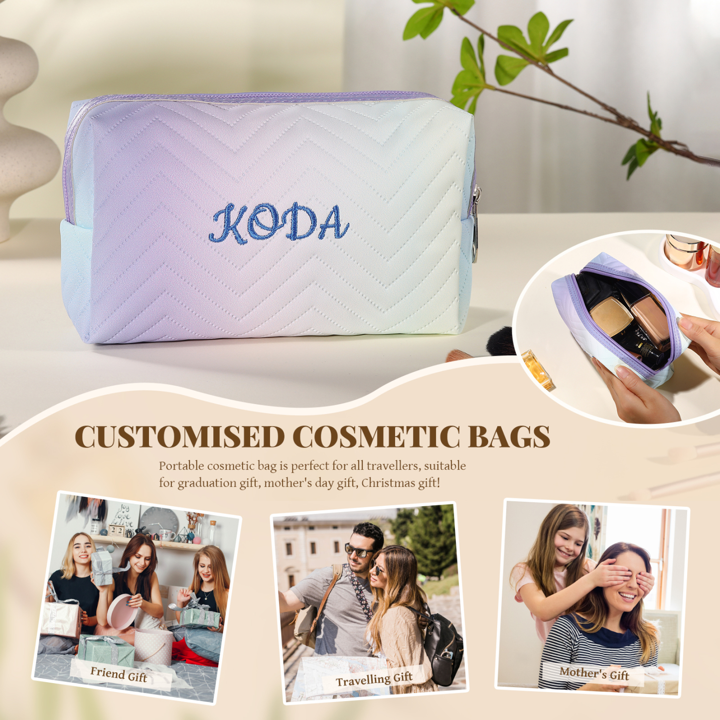 Personalised Embroidered Makeup Bag Teen Girls Small Travel Makeup Bag Zipper Bag Cosmetic Bag Waterproof Cute Rainbow Pink Gradient Makeup Bag