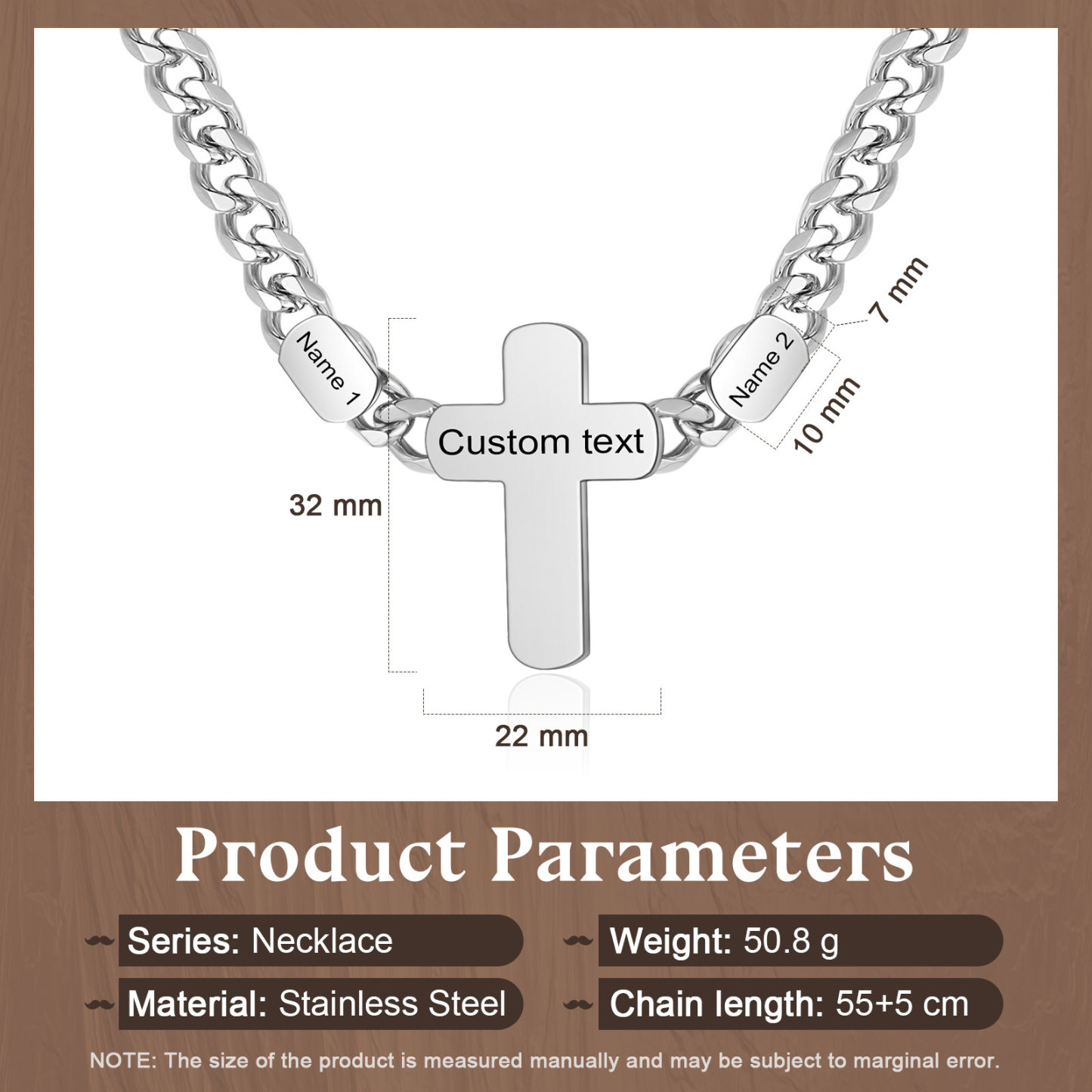 Personalised Steel Cross Necklace Customizable 1 Text and 2 or 3 or 4 NamesGift for Him Gift Necklace for Dad