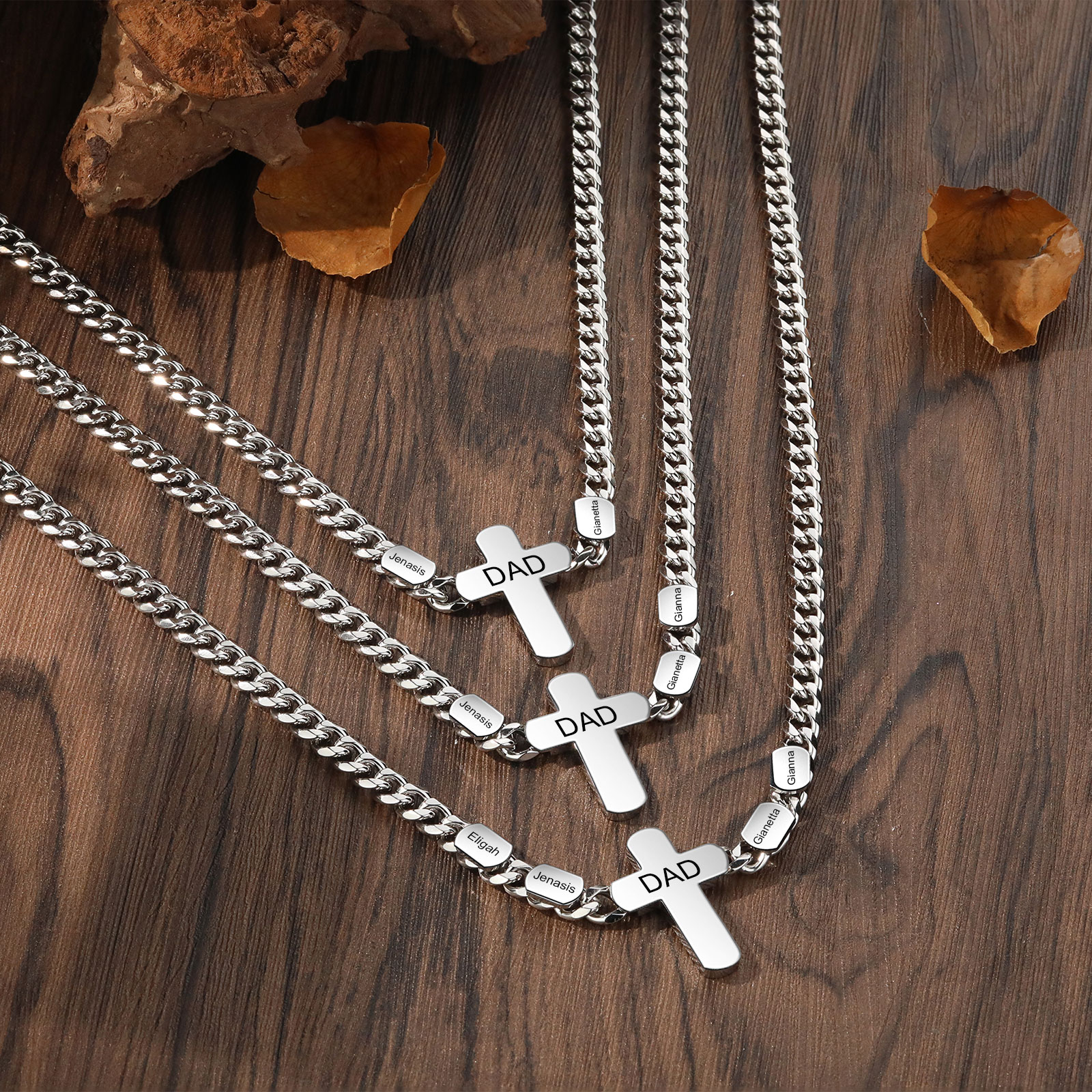 Personalised Steel Cross Necklace Customizable 1 Text and 2 or 3 or 4 NamesGift for Him Gift Necklace for Dad