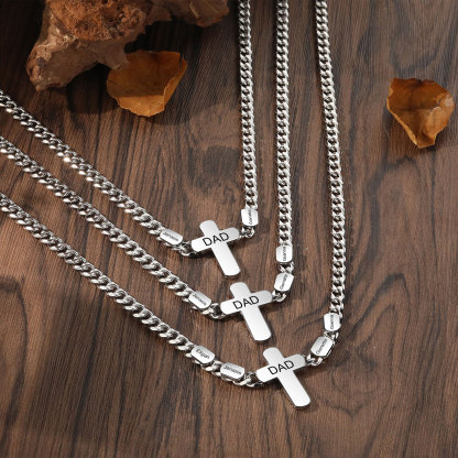Personalised Steel Cross Necklace Customizable 1 Text and 2 or 3 or 4 NamesGift for Him Gift Necklace for Dad