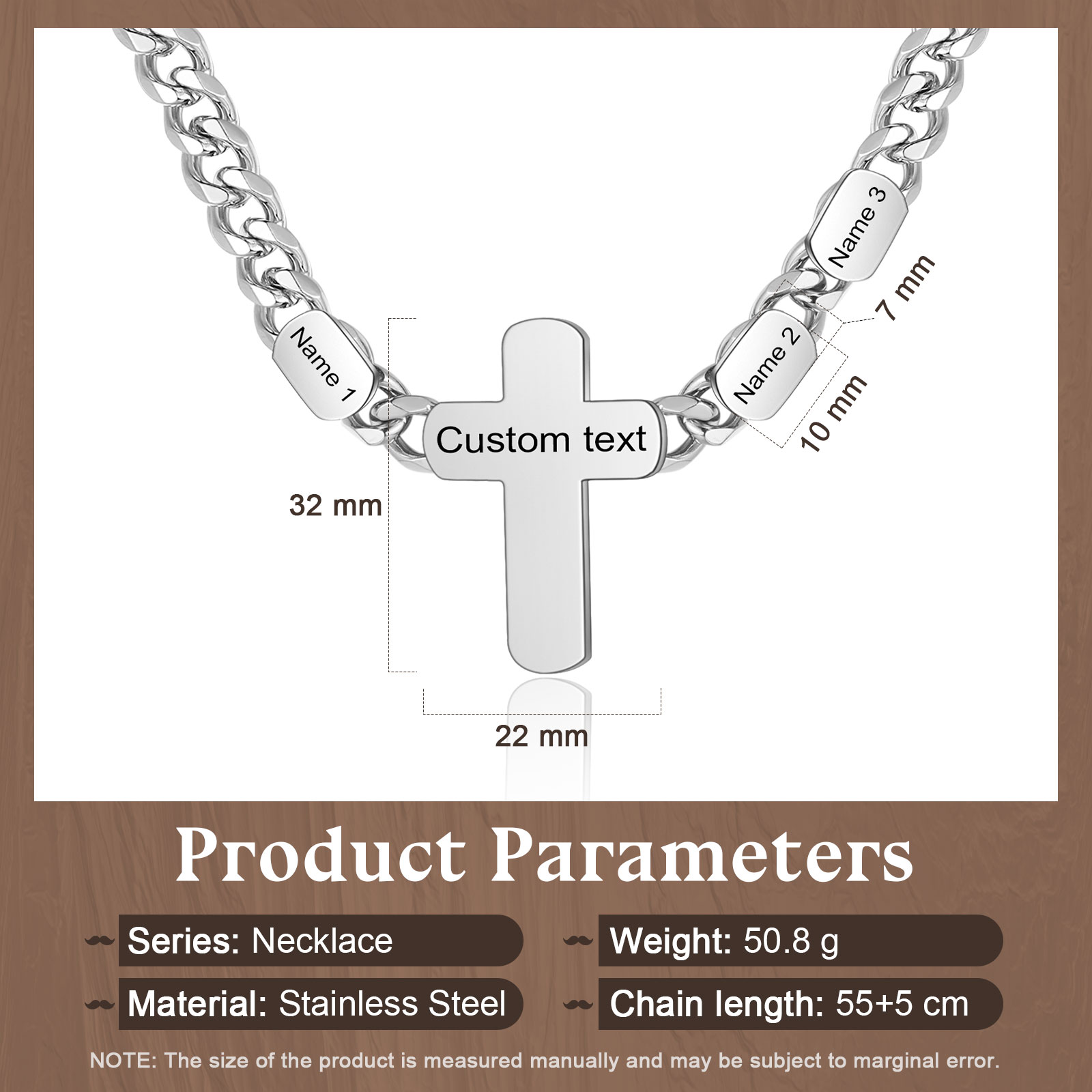 Personalised Steel Cross Necklace Customizable 1 Text and 2 or 3 or 4 NamesGift for Him Gift Necklace for Dad