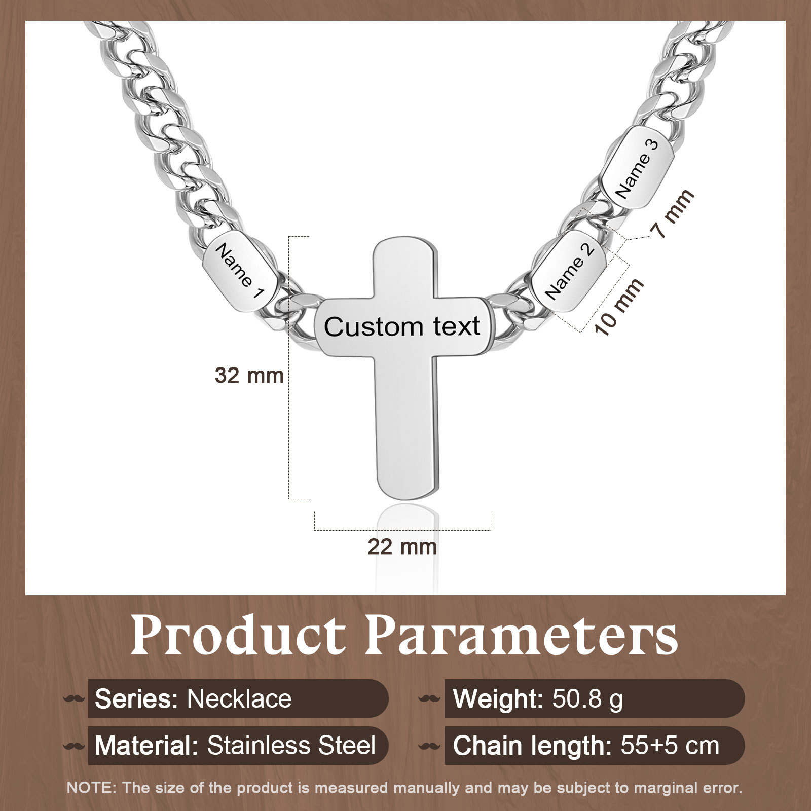 Personalised Steel Cross Necklace Customizable 1 Text and 2 or 3 or 4 NamesGift for Him Gift Necklace for Dad