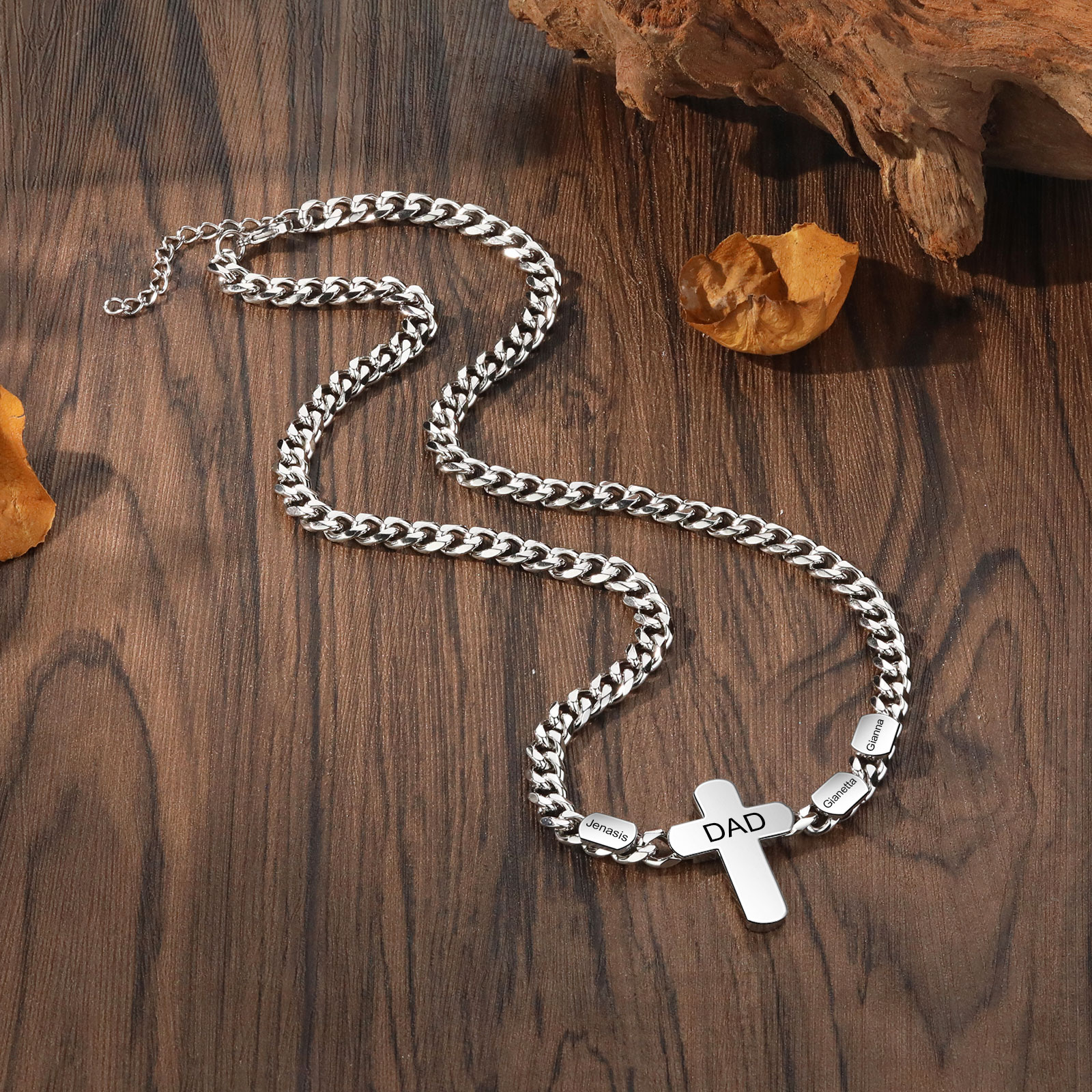 Personalised Steel Cross Necklace Customizable 1 Text and 2 or 3 or 4 NamesGift for Him Gift Necklace for Dad