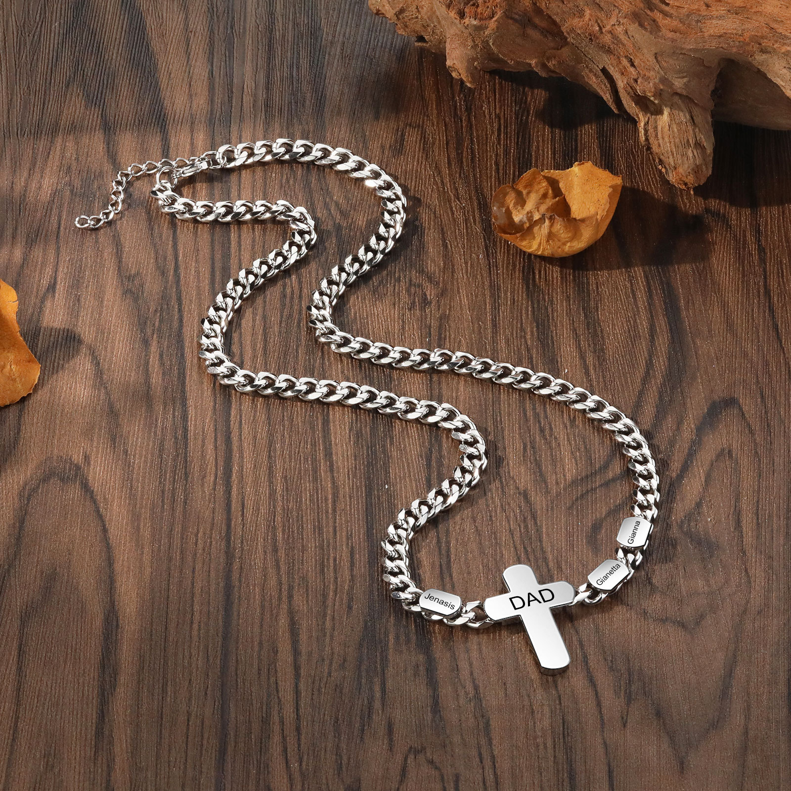 Personalised Steel Cross Necklace Customizable 1 Text and 2 or 3 or 4 NamesGift for Him Gift Necklace for Dad