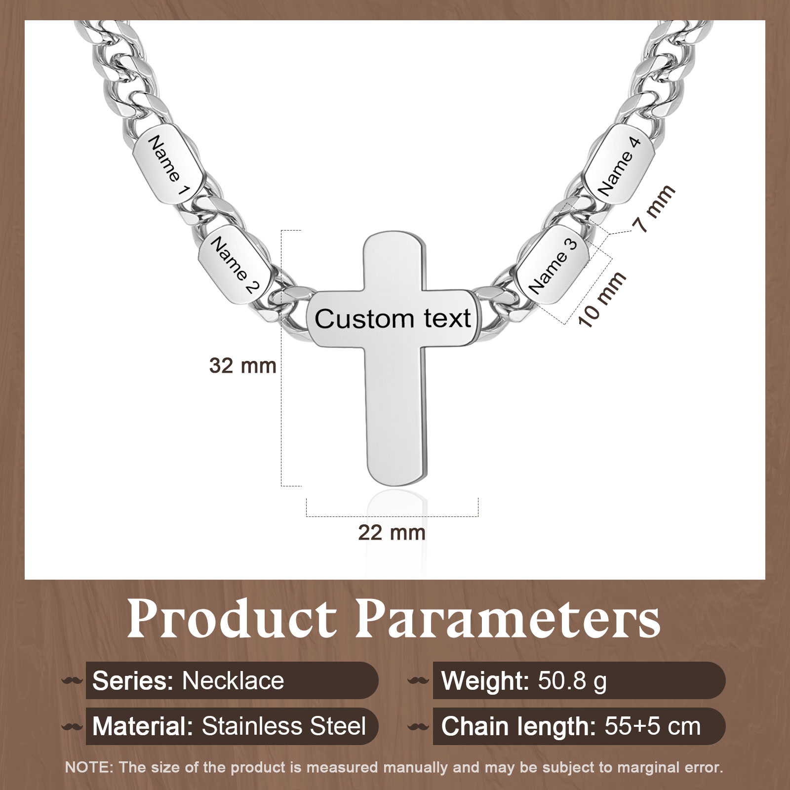 Personalised Steel Cross Necklace Customizable 1 Text and 2 or 3 or 4 NamesGift for Him Gift Necklace for Dad