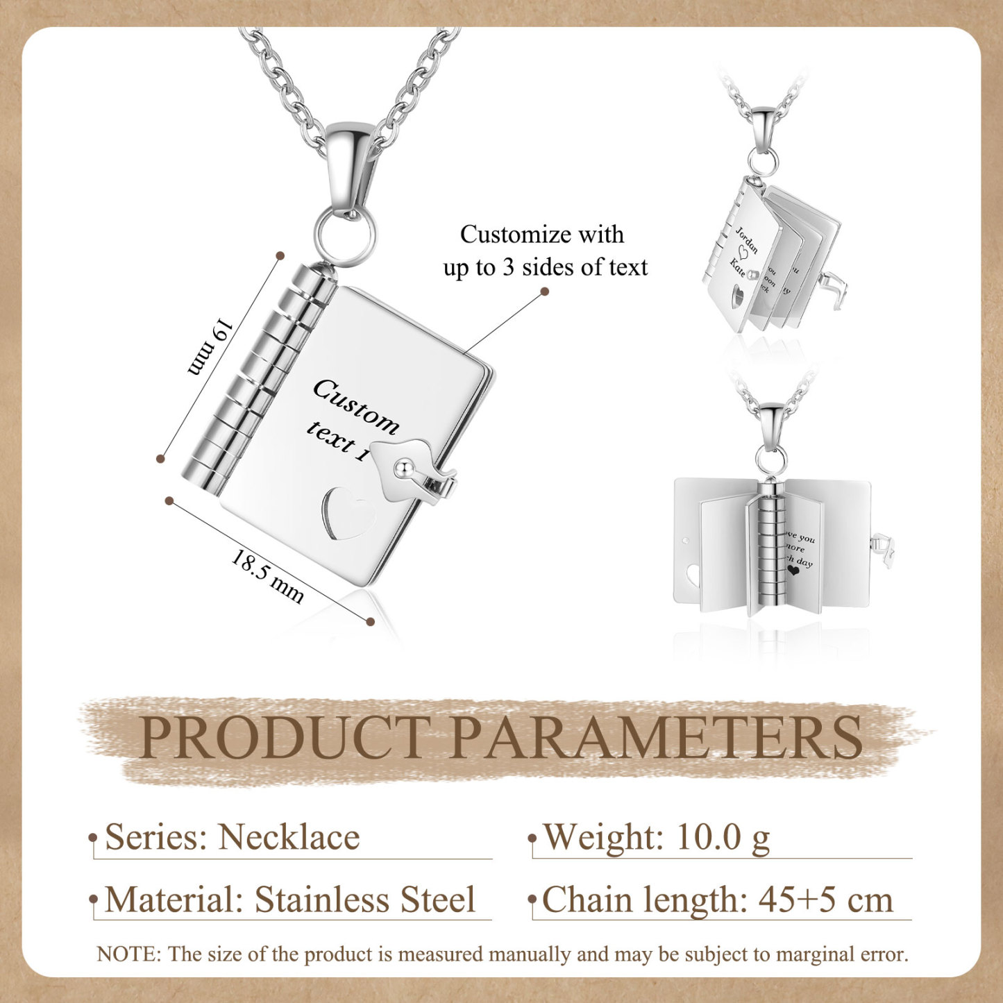 Personalised Steel Petite Book Locket Necklace Custom Message Pendant Charm Perfect Gift for Her