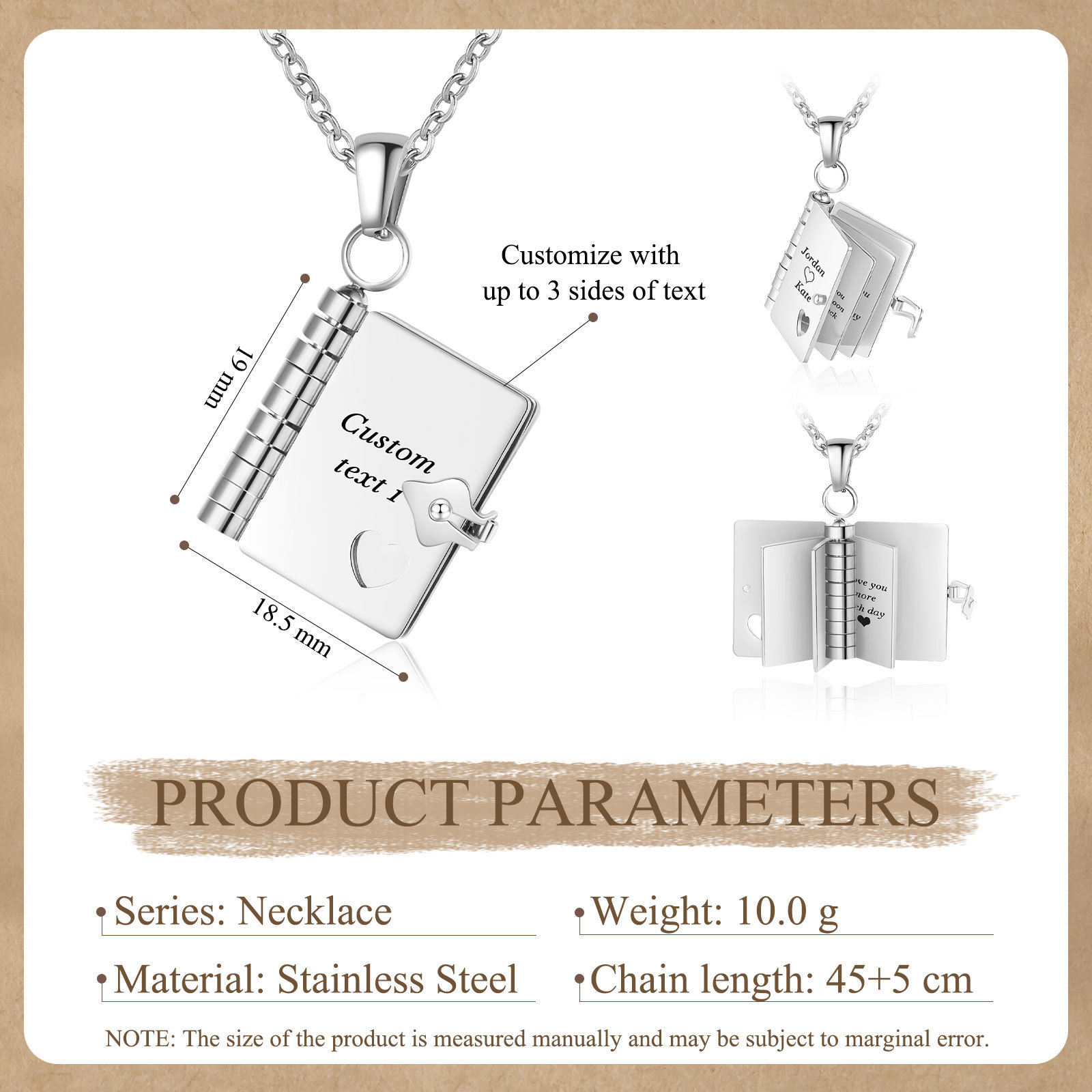 Personalised Steel Petite Book Locket Necklace Custom Message Pendant Charm Perfect Gift for Her