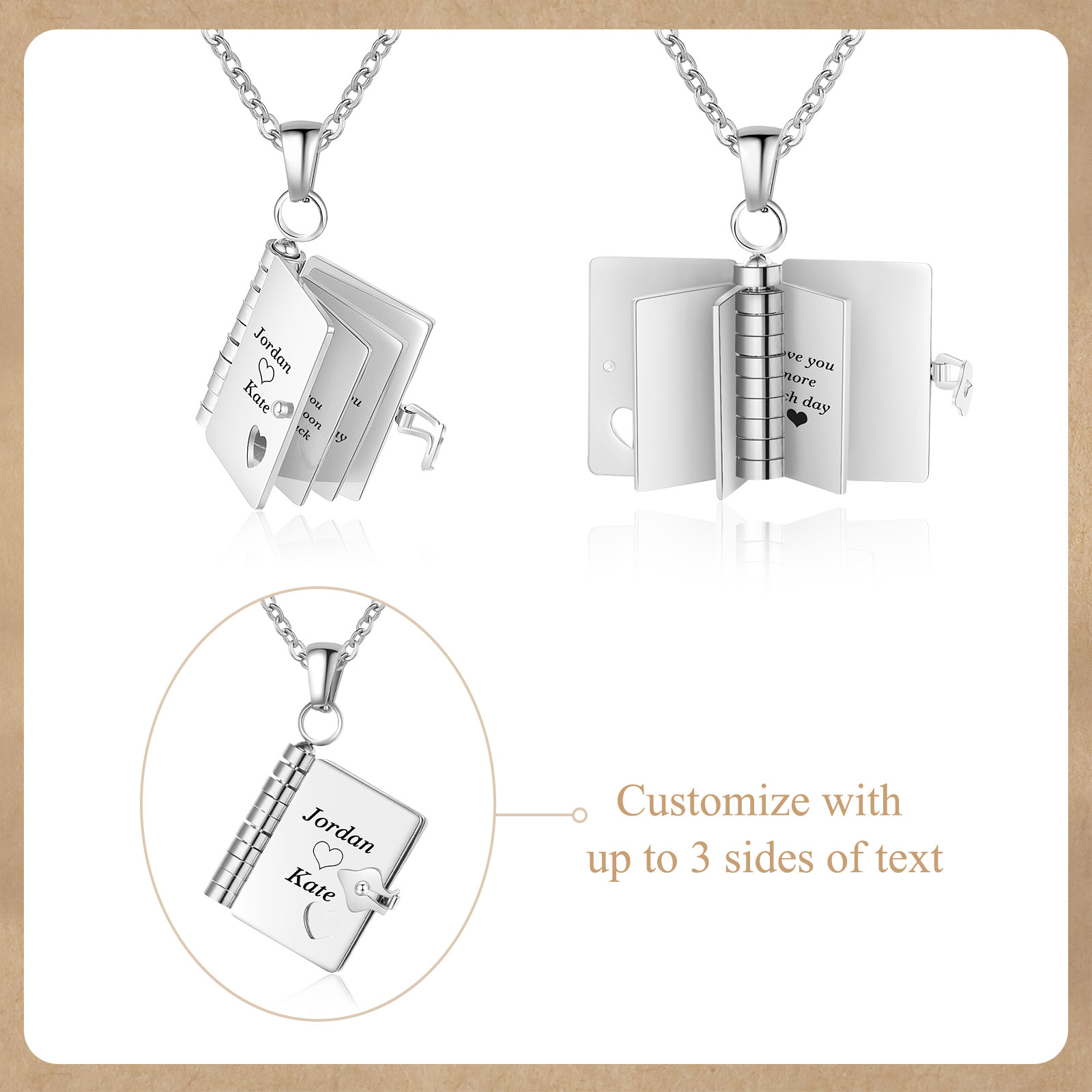 Personalised Steel Petite Book Locket Necklace Custom Message Pendant Charm Perfect Gift for Her