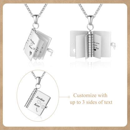 Personalised Steel Petite Book Locket Necklace Custom Message Pendant Charm Perfect Gift for Her