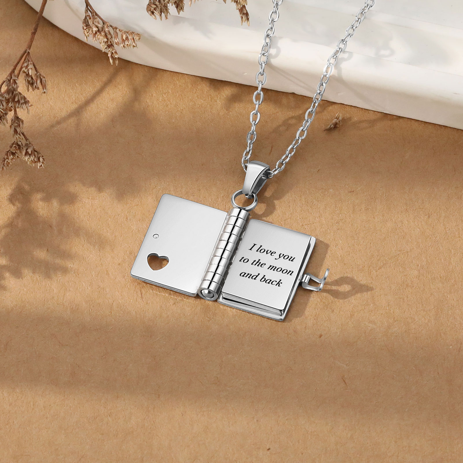 Personalised Steel Petite Book Locket Necklace Custom Message Pendant Charm Perfect Gift for Her
