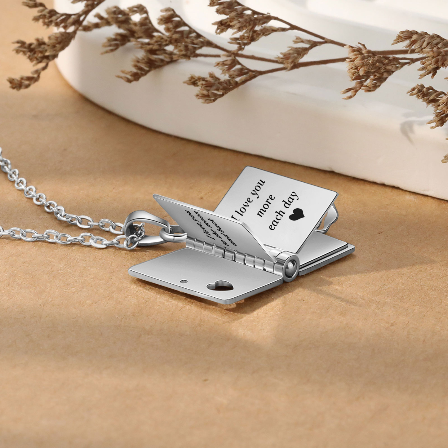 Personalised Steel Petite Book Locket Necklace Custom Message Pendant Charm Perfect Gift for Her