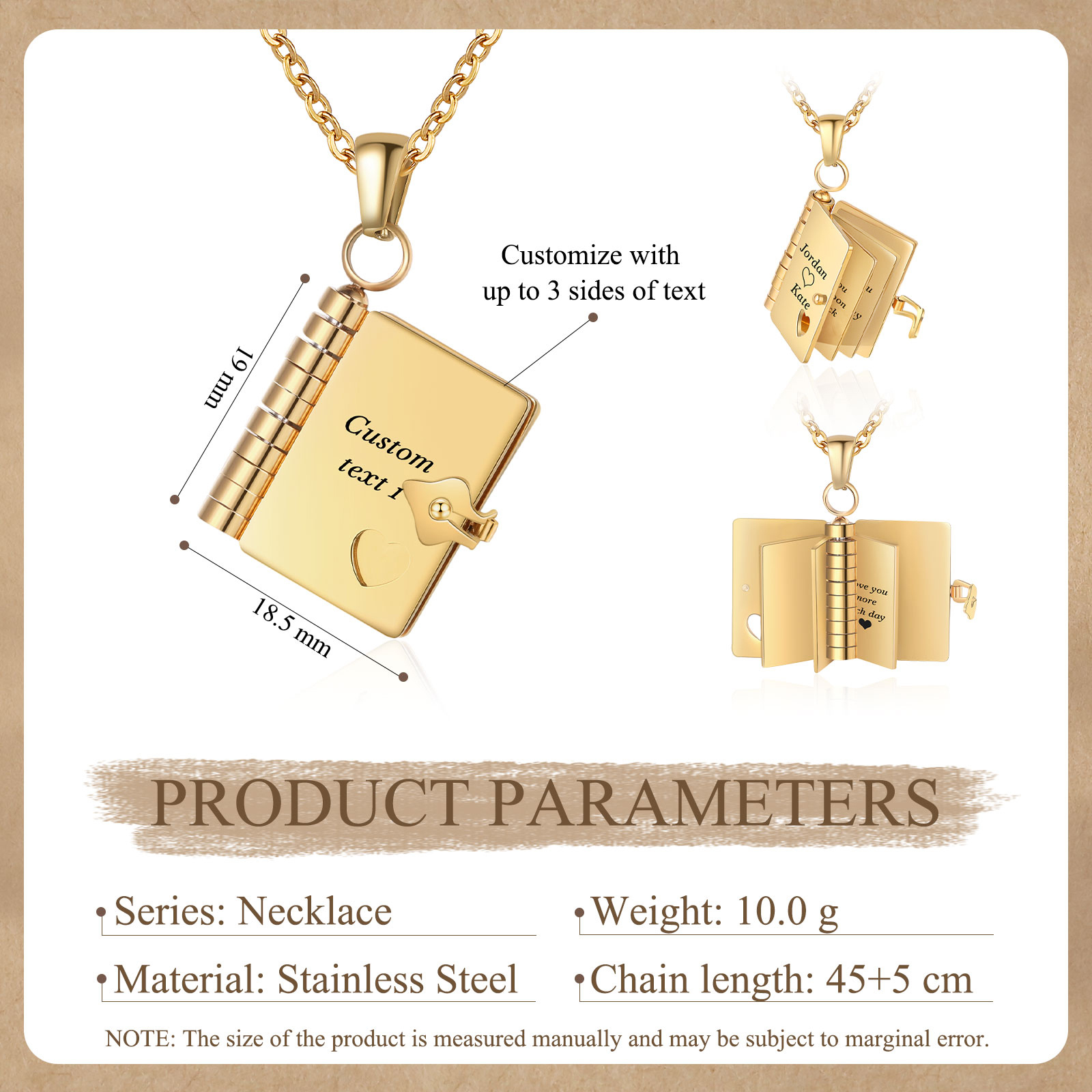 Personalised Steel Petite Book Locket Necklace Custom Message Pendant Charm Perfect Gift for Her