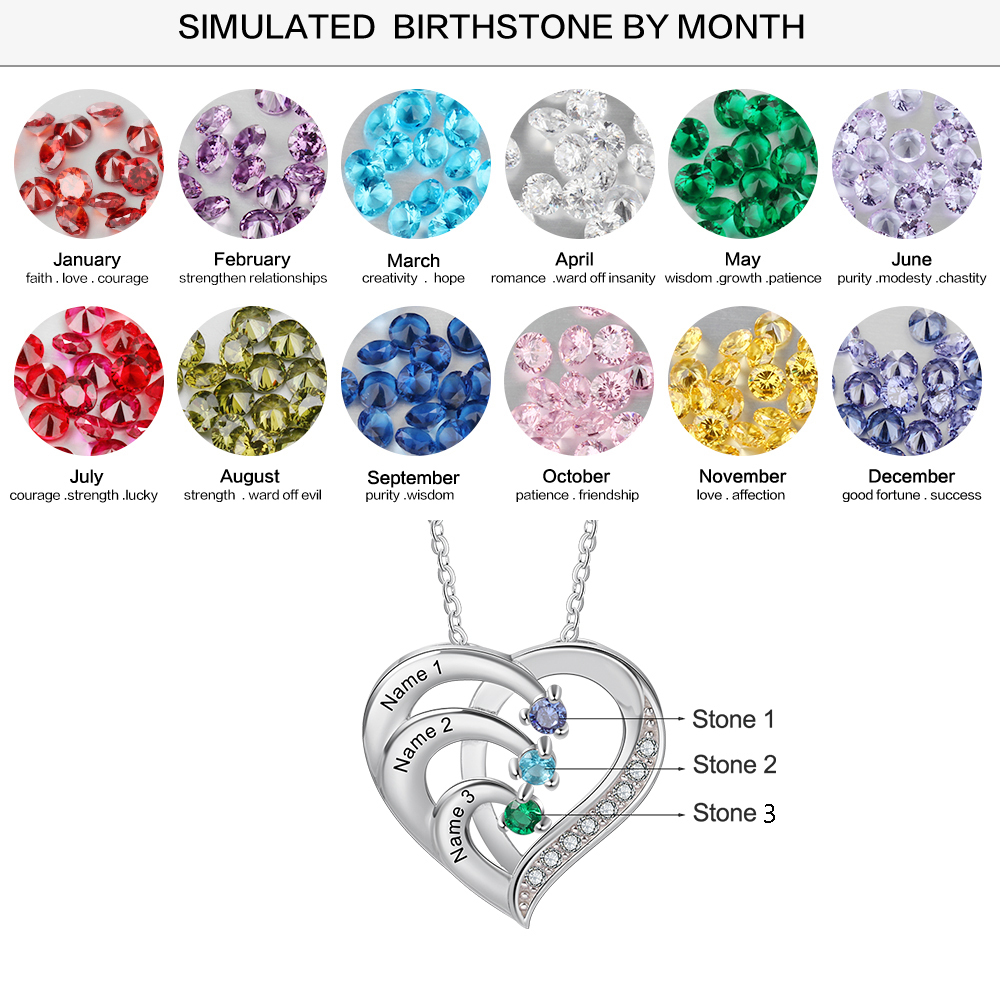 Personalised Heart 2-5 Birthstones & Names Necklace A Thoughtful Gift for mum