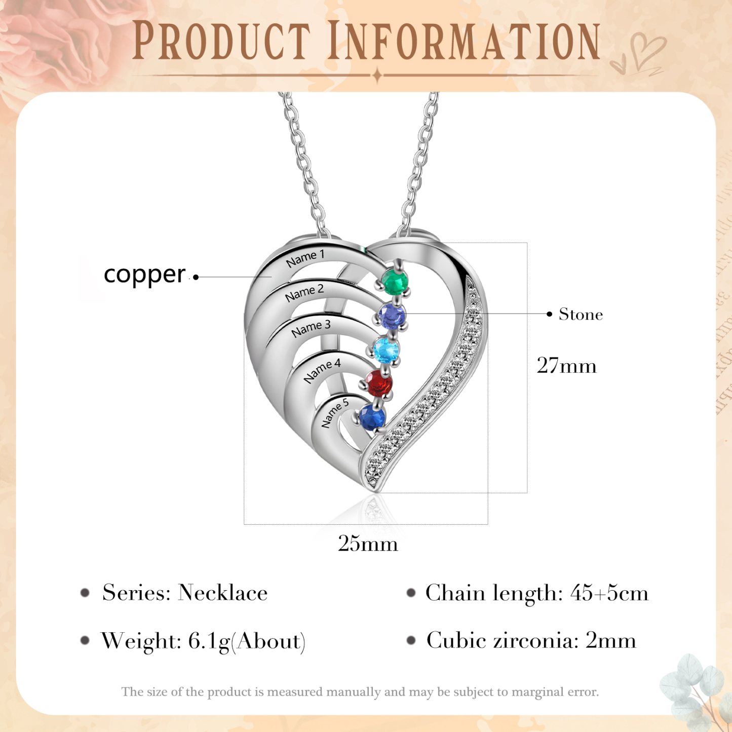 Personalised Heart 2-5 Birthstones & Names Necklace A Thoughtful Gift for mum