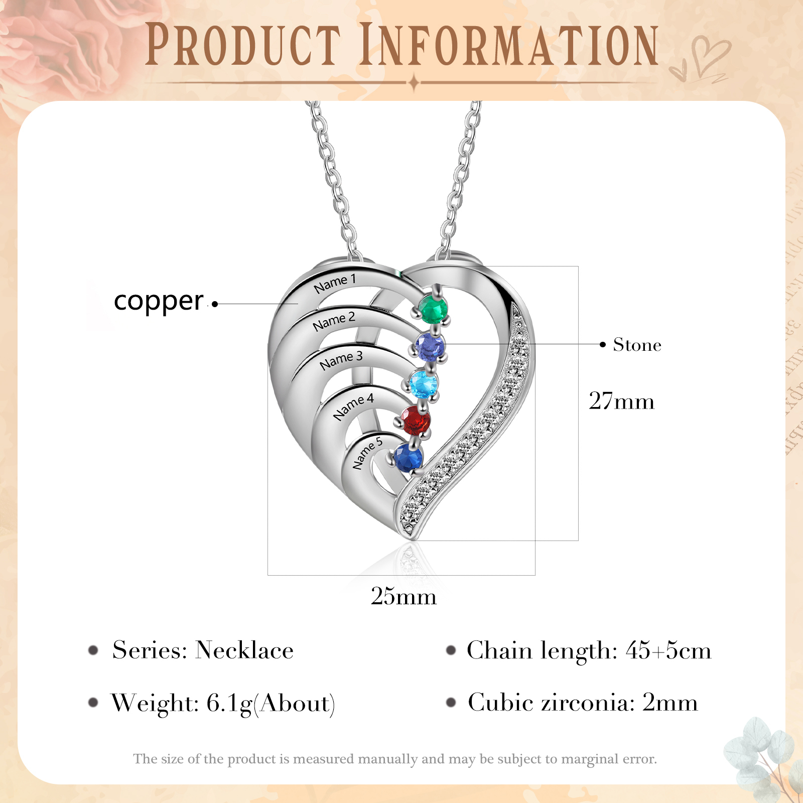 Personalised Heart 2-5 Birthstones & Names Necklace A Thoughtful Gift for mum