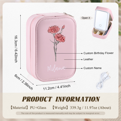 Personalised Birth Flower Portable Leather Jewelry Box with Name and LED Three Colour Adjustable Makeup Mirror Travel Essential