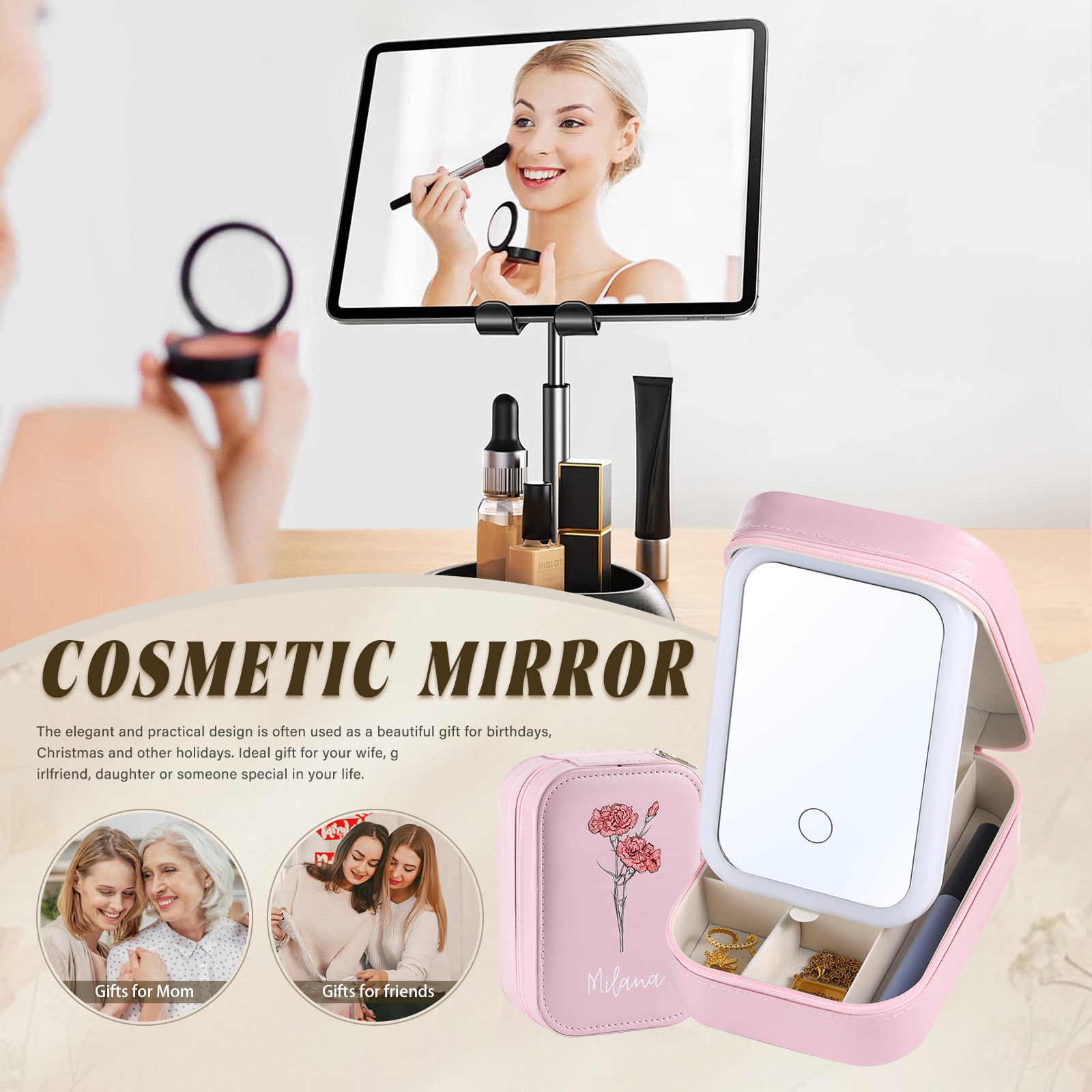 Personalised Birth Flower Portable Leather Jewelry Box with Name and LED Three Colour Adjustable Makeup Mirror Travel Essential