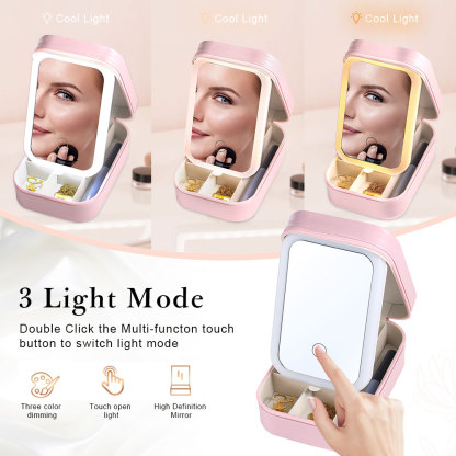 Personalised Birth Flower Portable Leather Jewelry Box with Name and LED Three Colour Adjustable Makeup Mirror Travel Essential