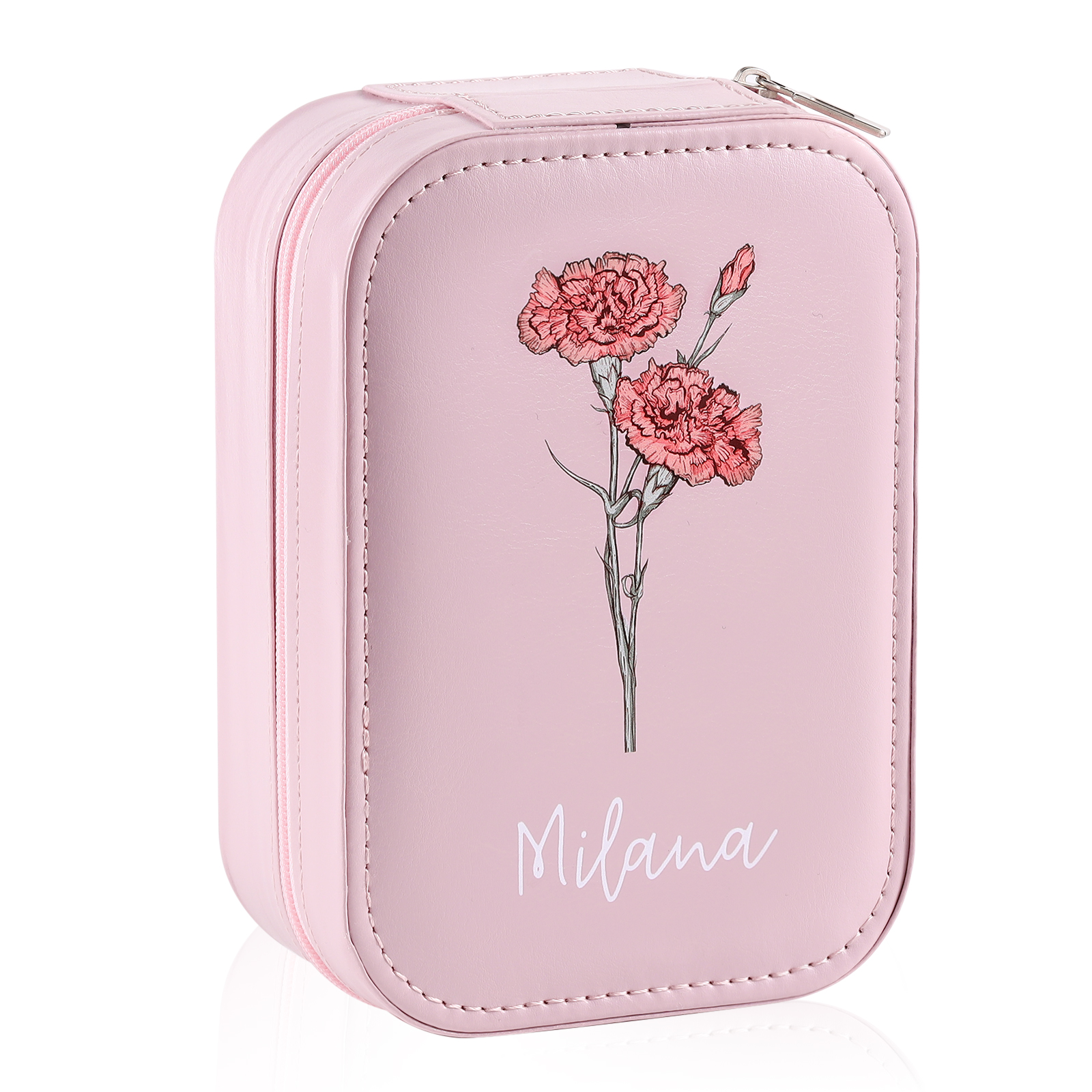 Personalised Birth Flower Portable Leather Jewelry Box with Name and LED Three Colour Adjustable Makeup Mirror Travel Essential