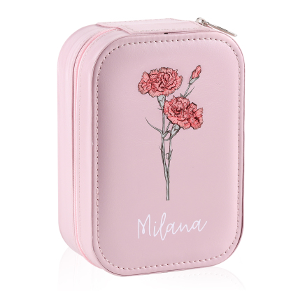 Personalised Birth Flower Portable Leather Jewelry Box with Name and LED Three Colour Adjustable Makeup Mirror Travel Essential