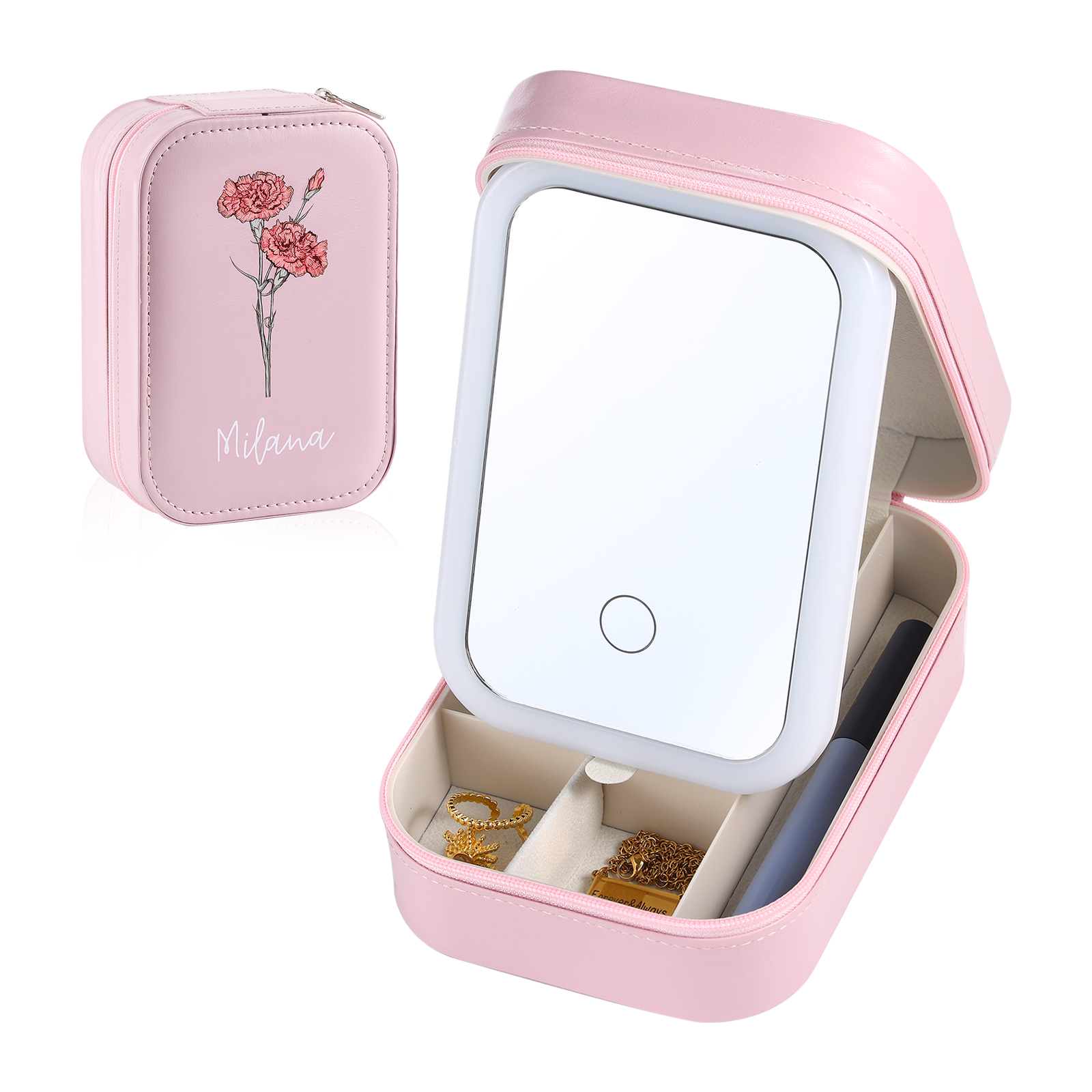 Personalised Birth Flower Portable Leather Jewelry Box with Name and LED Three Colour Adjustable Makeup Mirror Travel Essential